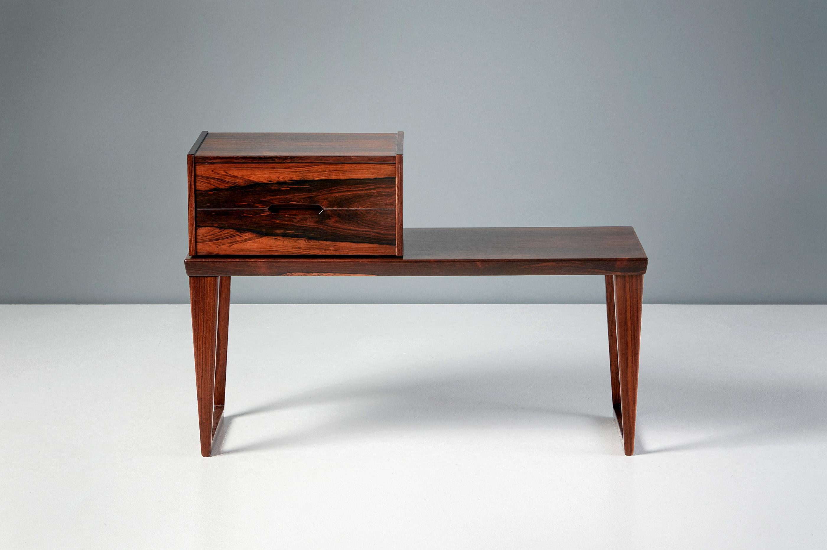Stunning, exotic grained rosewood bench with matching, loose standing two-drawer unit which can be positioned anywhere along the bench surface. This piece was designed by Danish design icon Kai Kristiansen and produced by Aksel Kjersgaard in Odder,