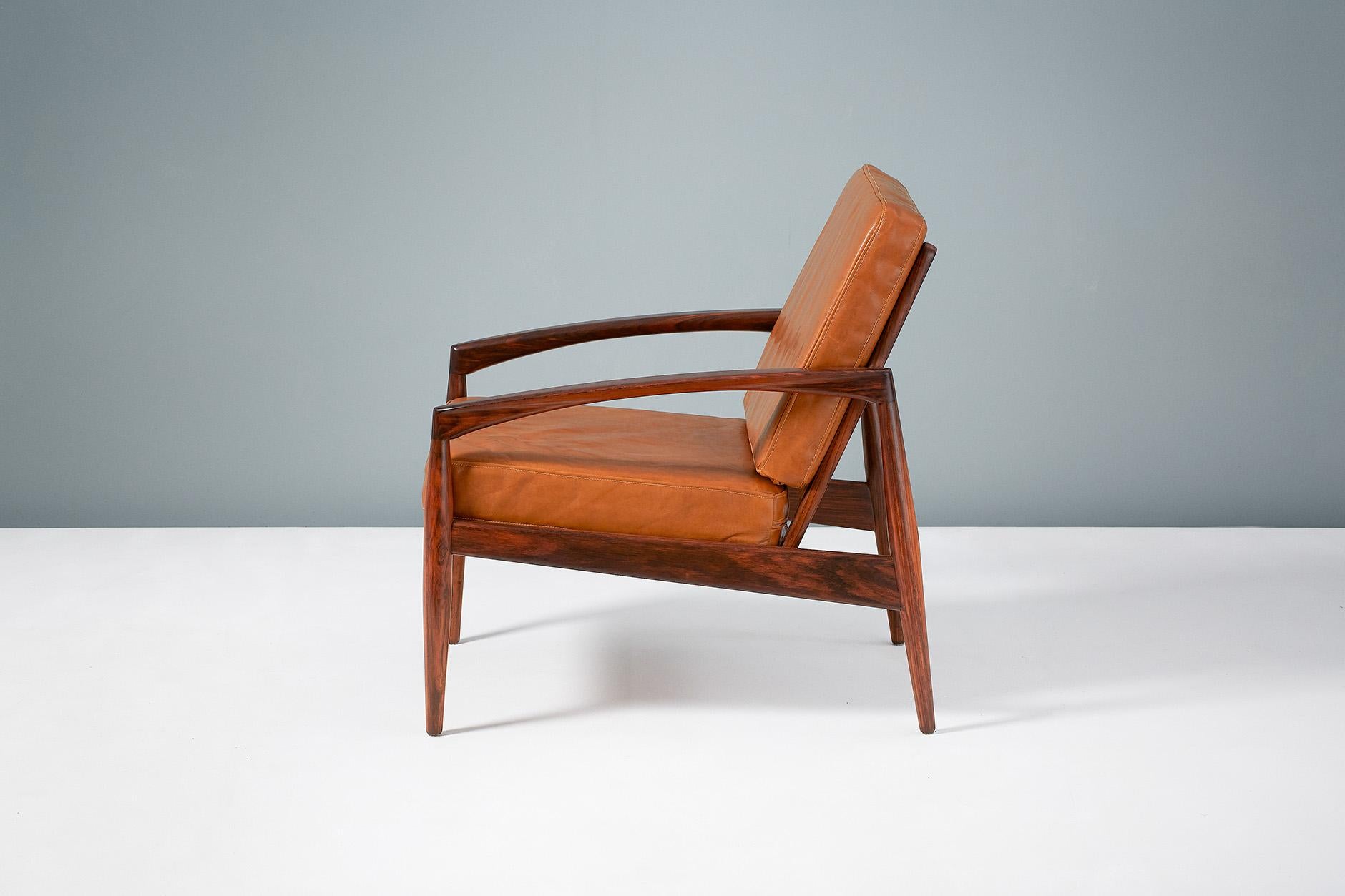 Scandinavian Modern Kai Kristiansen Rosewood Lounge Chairs with Cognac Leather Cushions