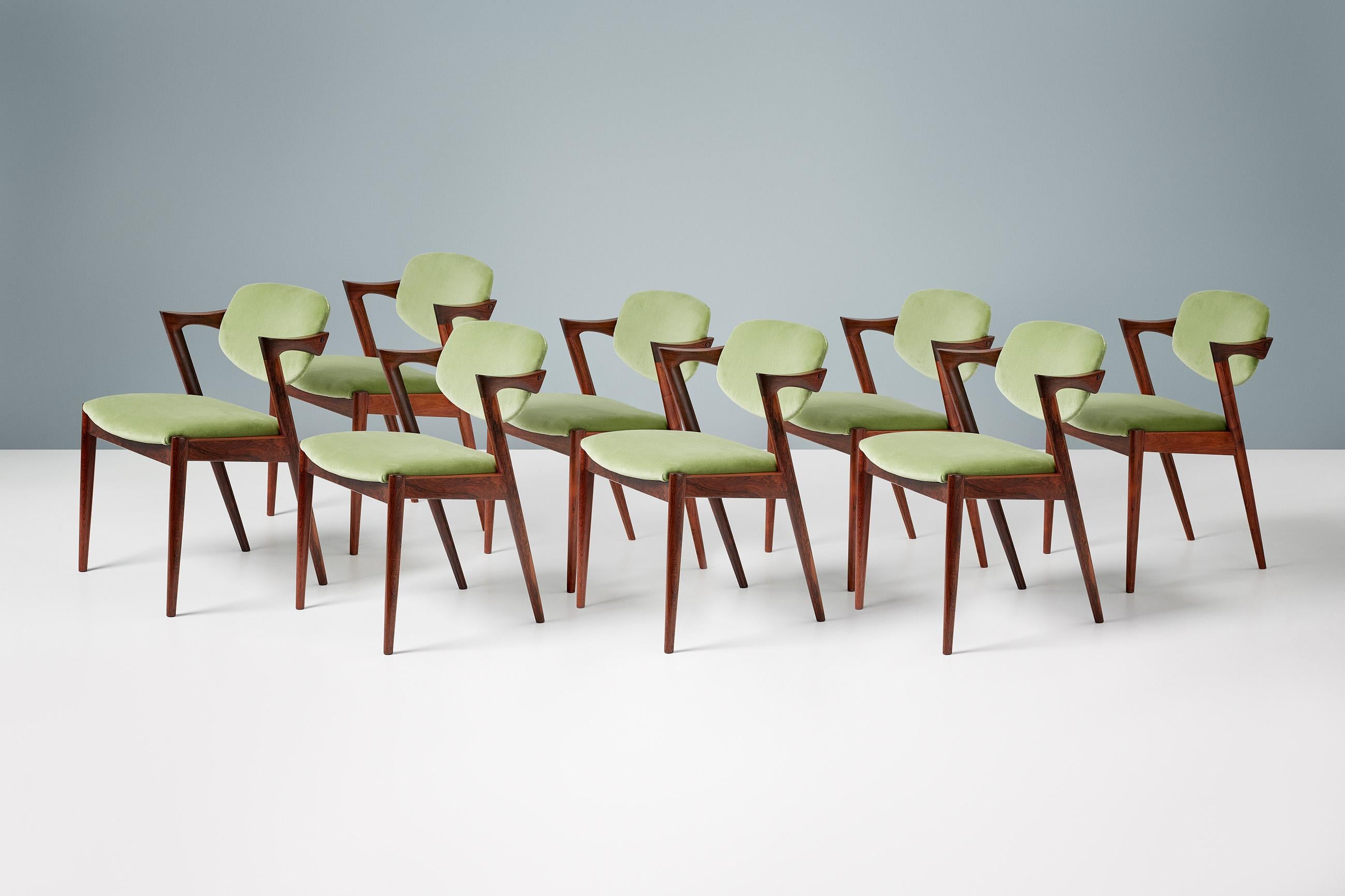 Scandinavian Modern Kai Kristiansen Set of 8 Model 42 Rosewood and Velvet Dining Chairs