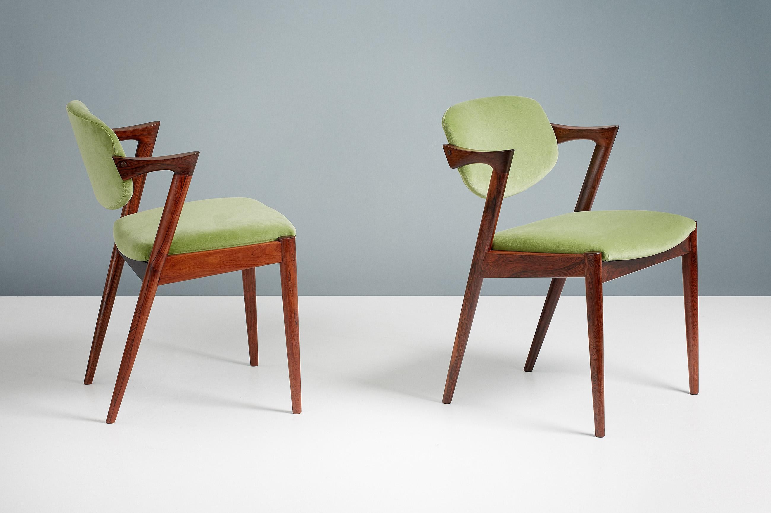 Danish Kai Kristiansen Set of 8 Model 42 Rosewood and Velvet Dining Chairs For Sale