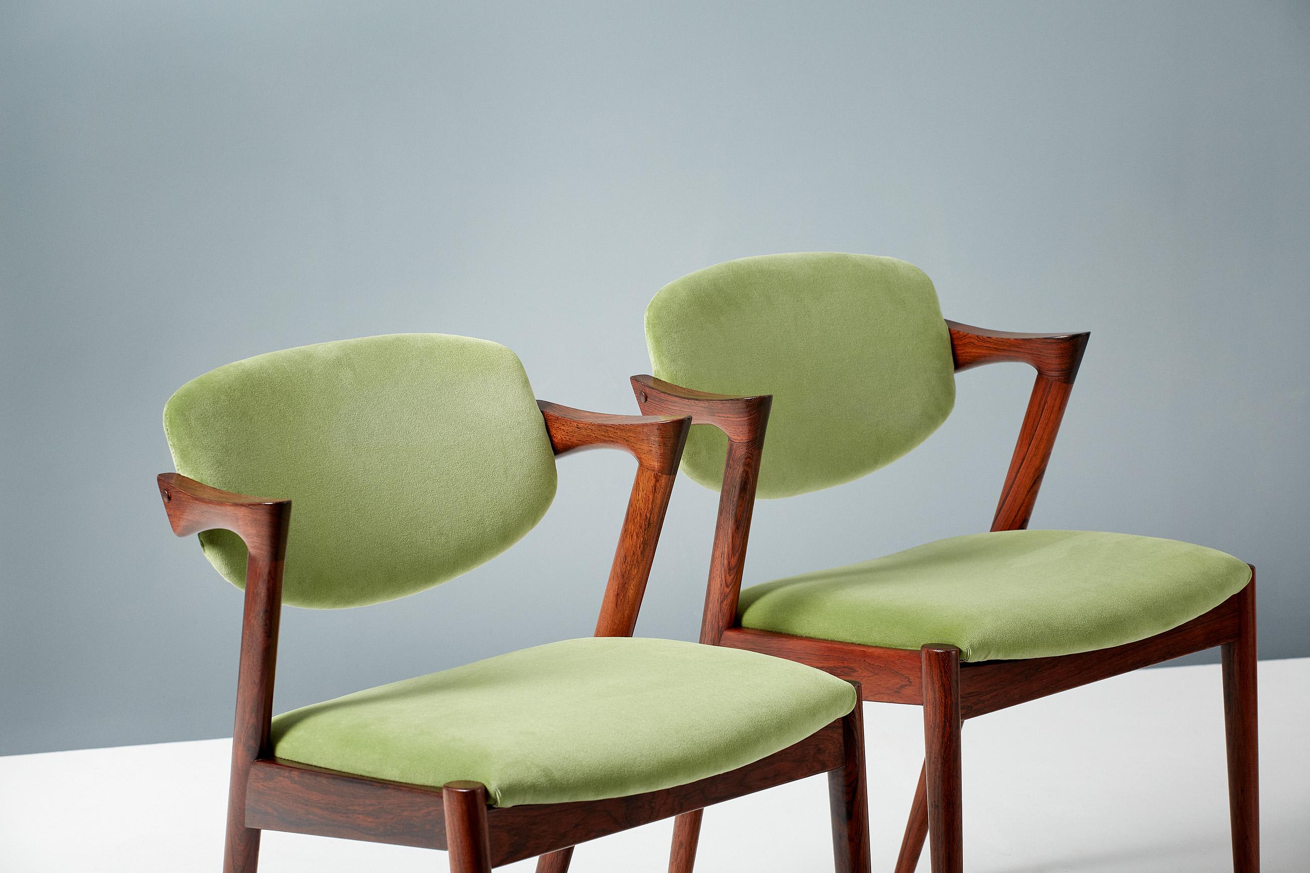 Mid-20th Century Kai Kristiansen Set of 8 Model 42 Rosewood and Velvet Dining Chairs