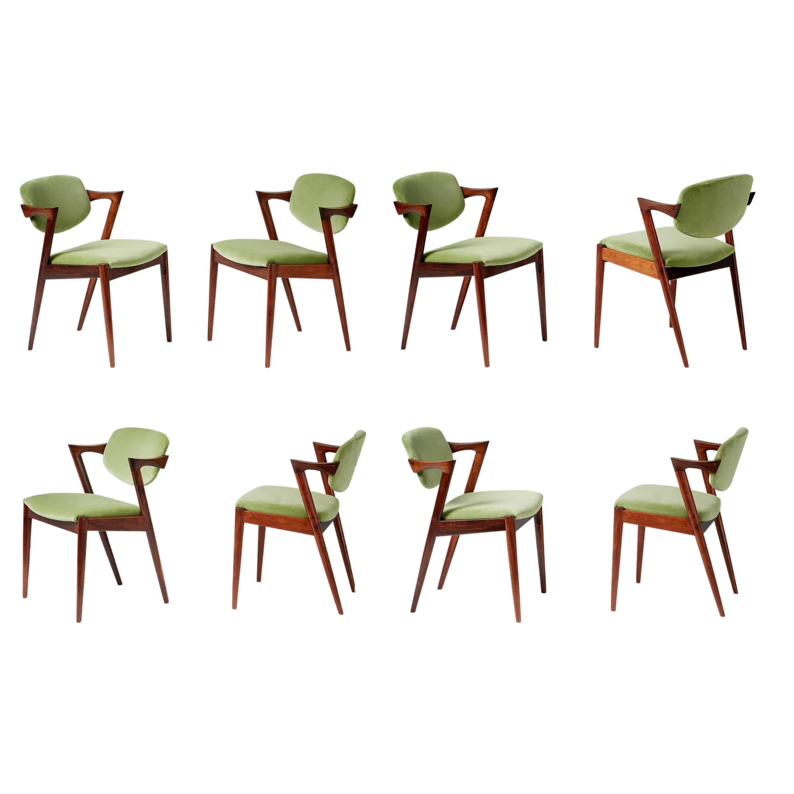 Kai Kristiansen Set of 8 Model 42 Rosewood and Velvet Dining Chairs