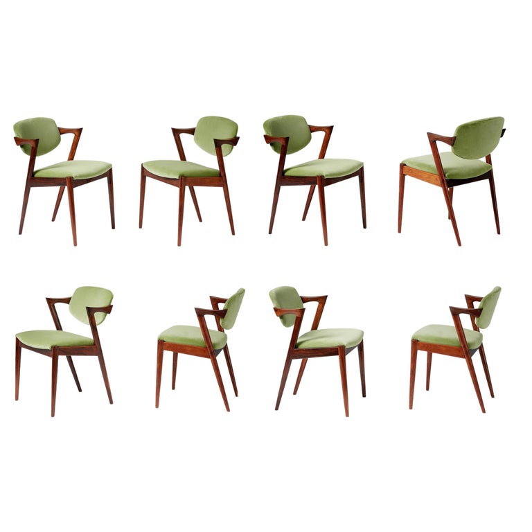Kai Kristiansen Set of 8 Model 42 Rosewood and Velvet Dining Chairs For  Sale at 1stDibs