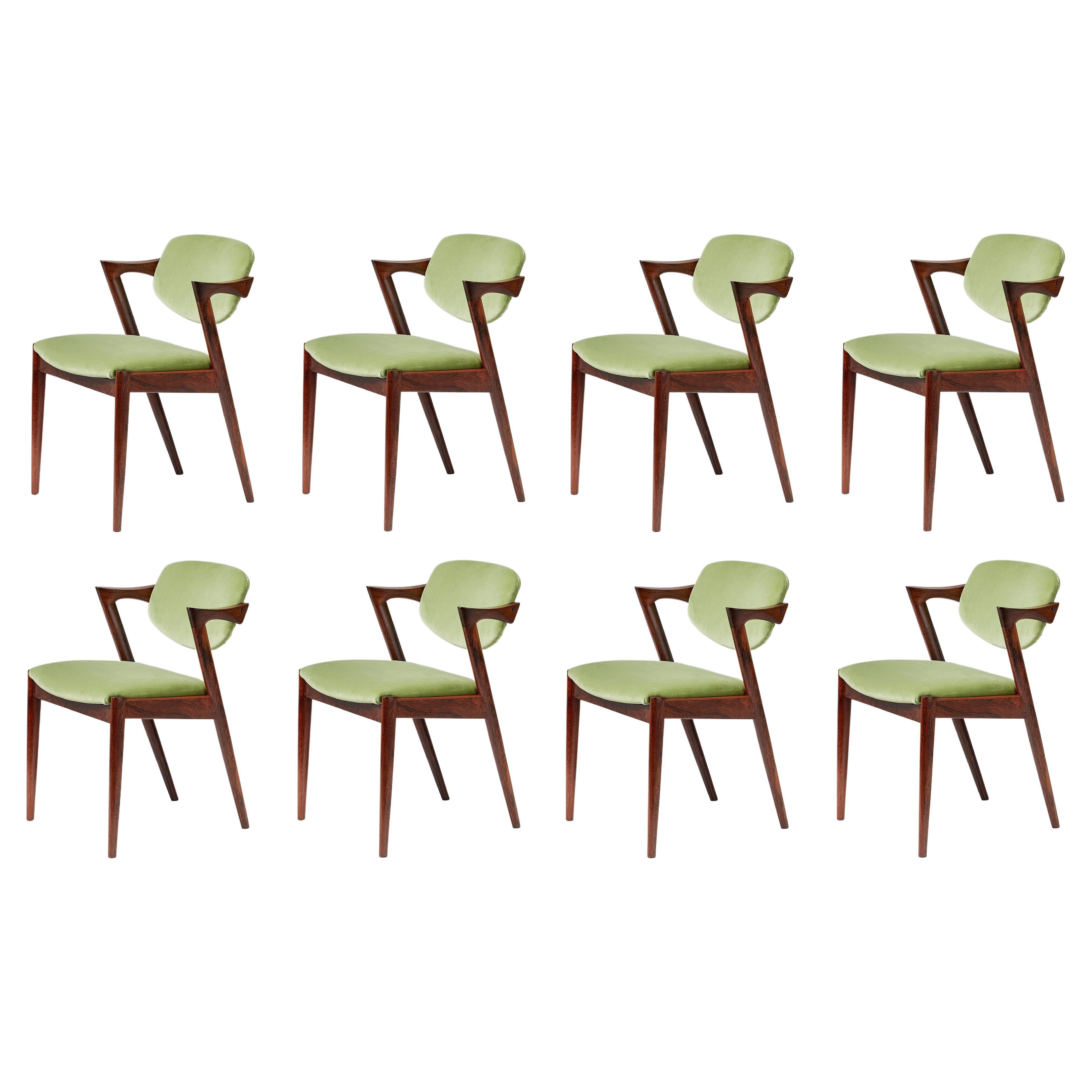 Kai Kristiansen Set of 8 Model 42 Rosewood and Velvet Dining Chairs For Sale