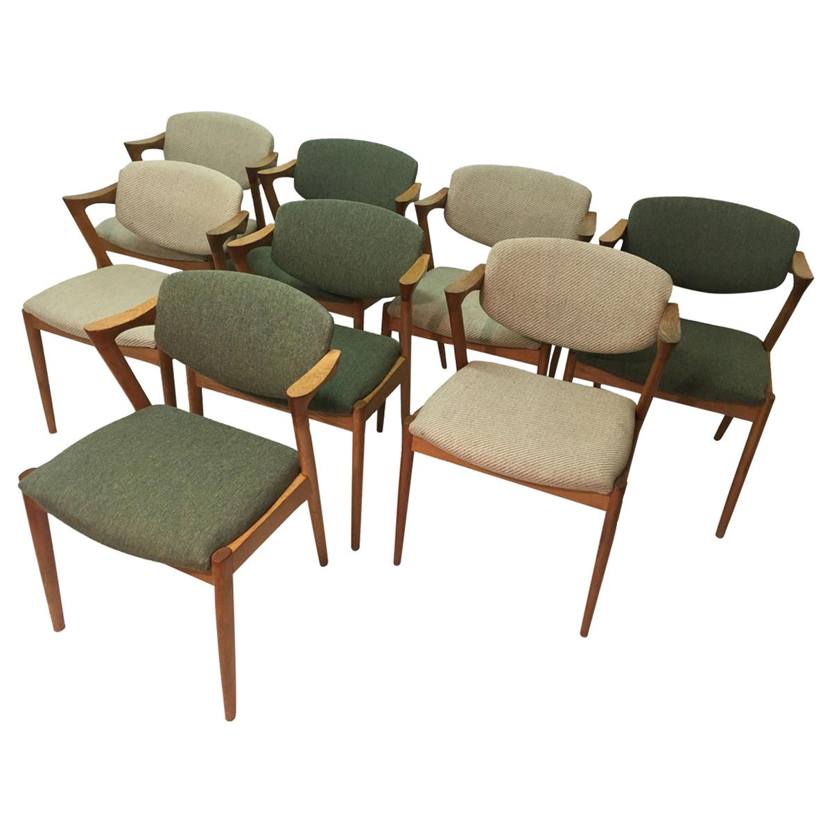 Kai Kristiansen Set of Eight Restored Oak Dining Chairs, - Custom Upholstery