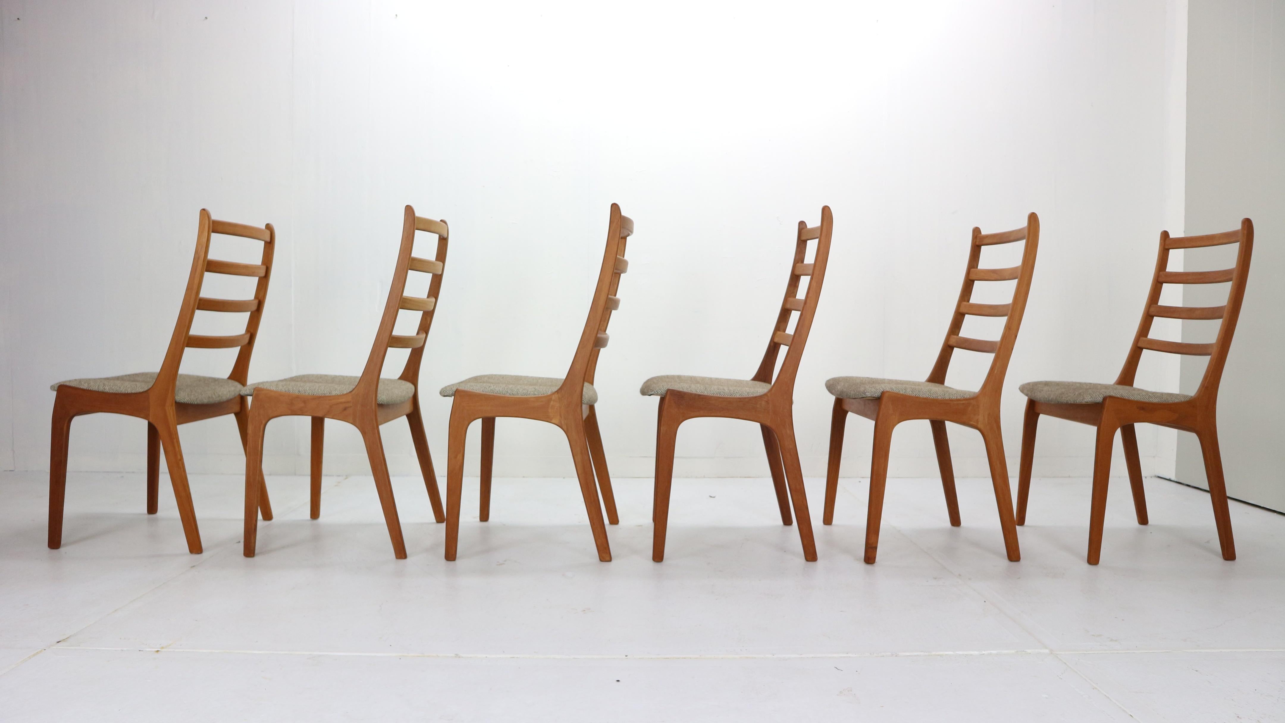 Fabric Set of Six Teak Ladder Dining Chairs, 1960s, Denmark
