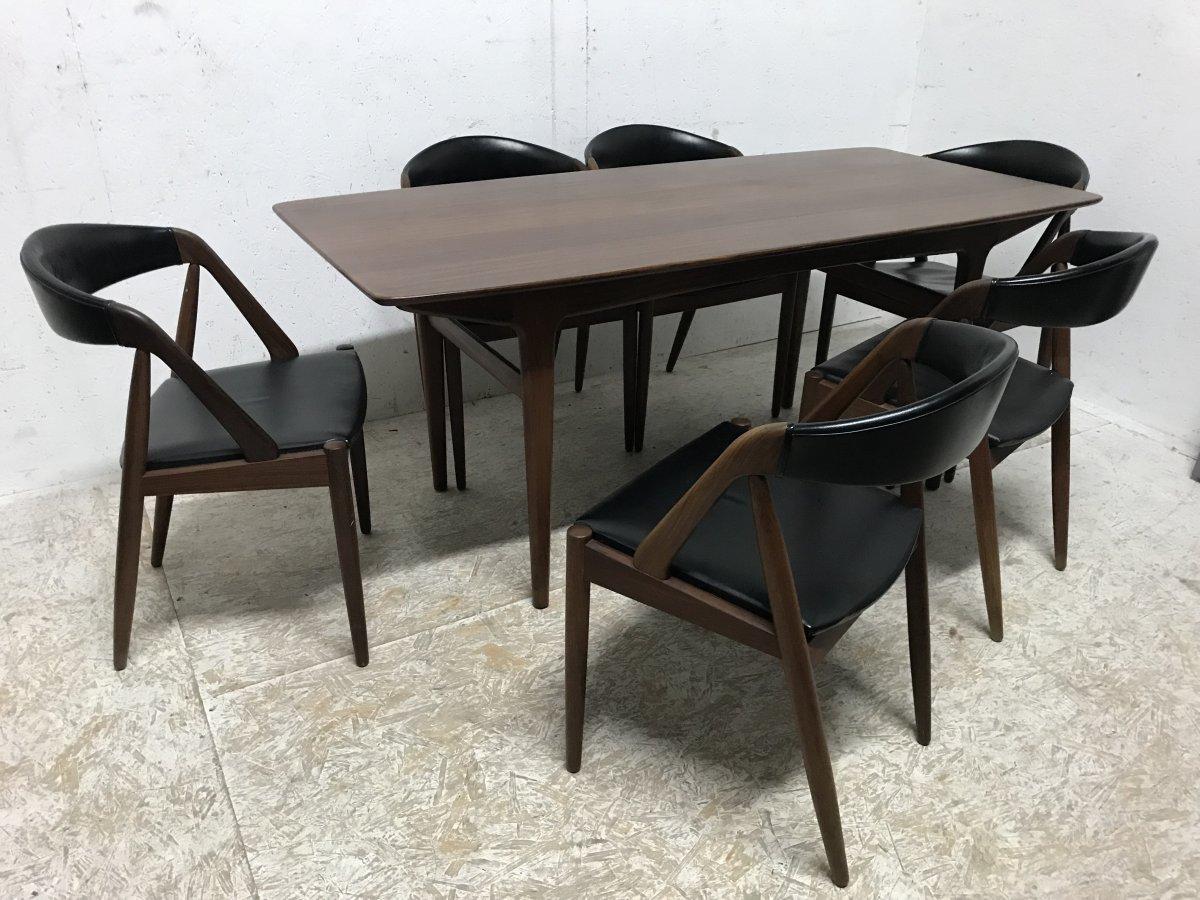 Mid-Century Modern Kai Kristiansen, ensemble de six chaises de salle à manger en teck, modèle 31 et table à manger assortie en vente