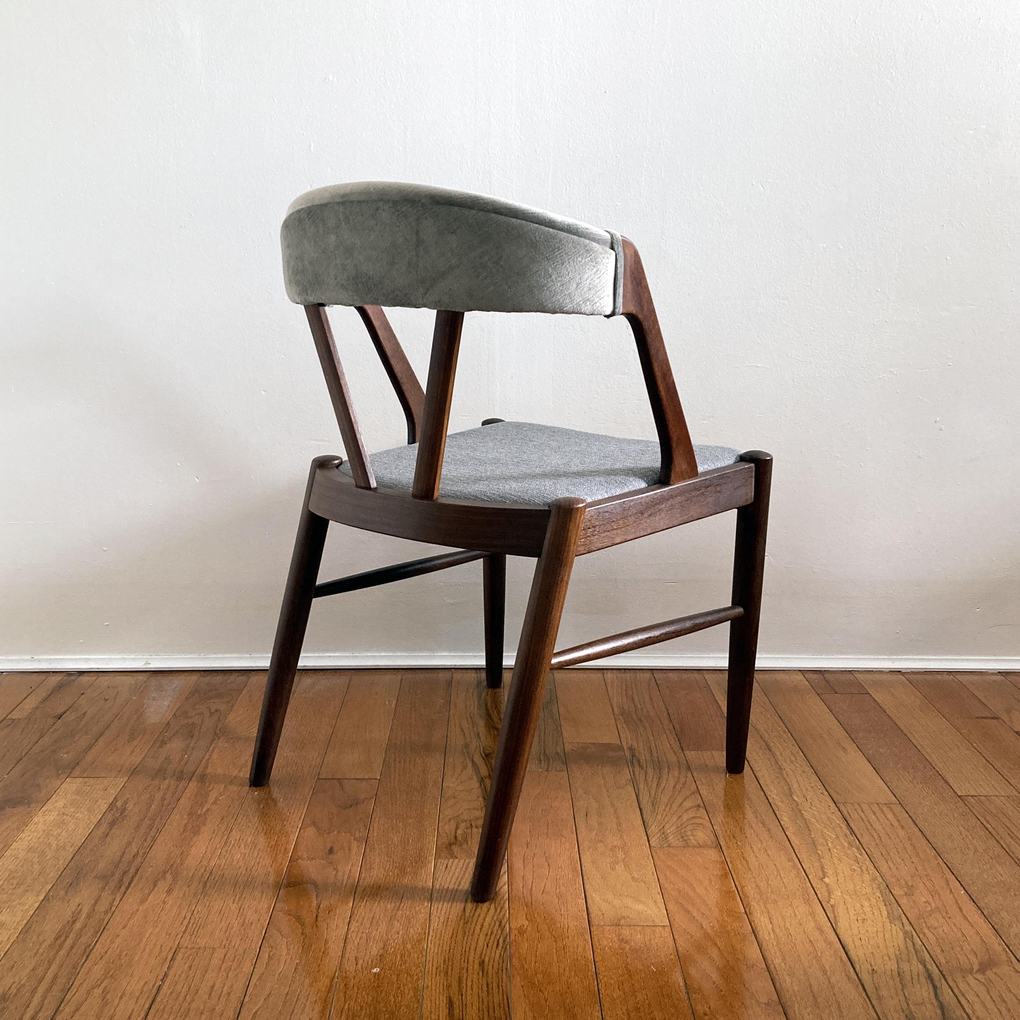 Mid-Century Modern Kai Kristiansen Style Reupholstered Curved Back Gray Teak Chair, Danish, 1960s For Sale