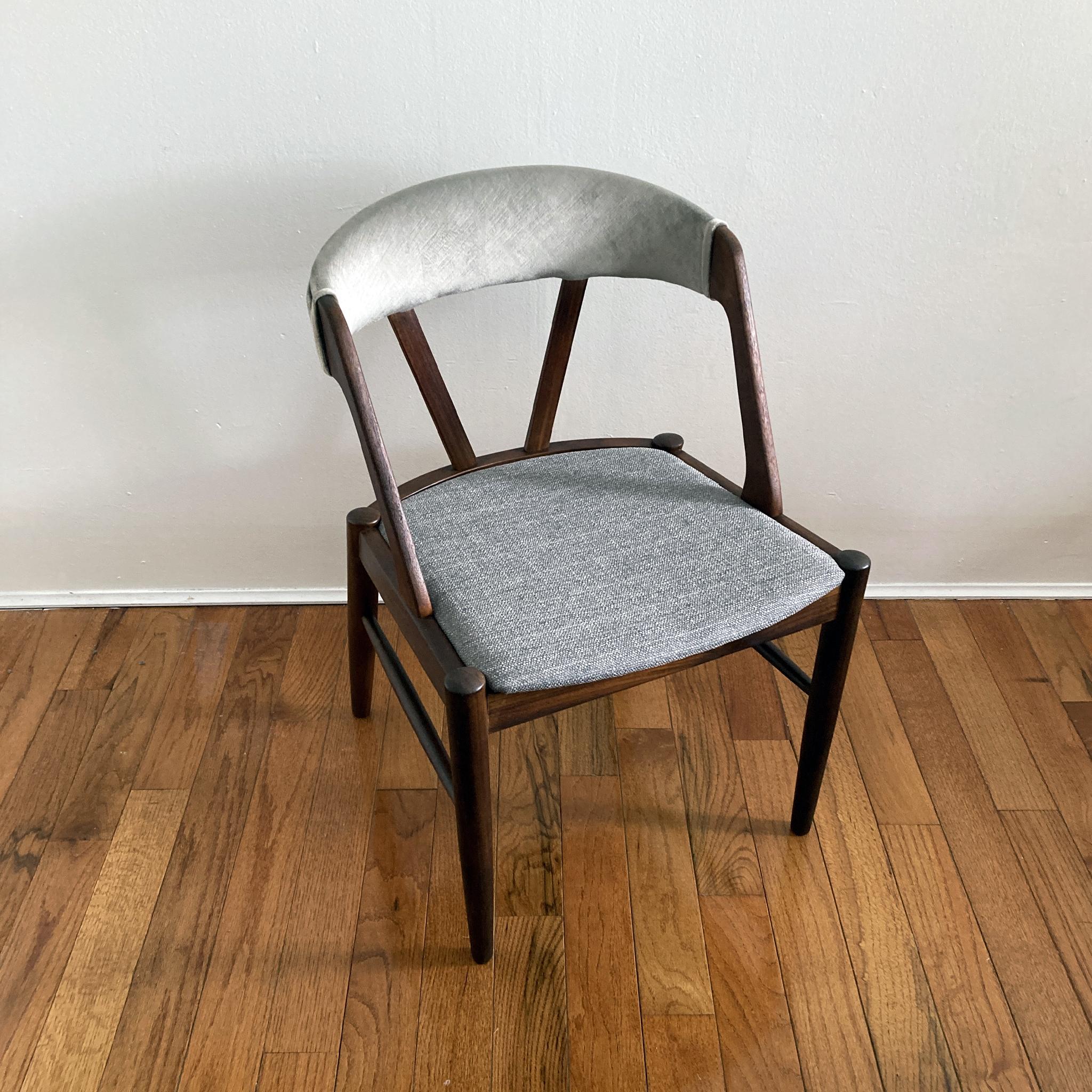 Fabric Kai Kristiansen Style Reupholstered Curved Back Gray Teak Chair, Danish, 1960s For Sale