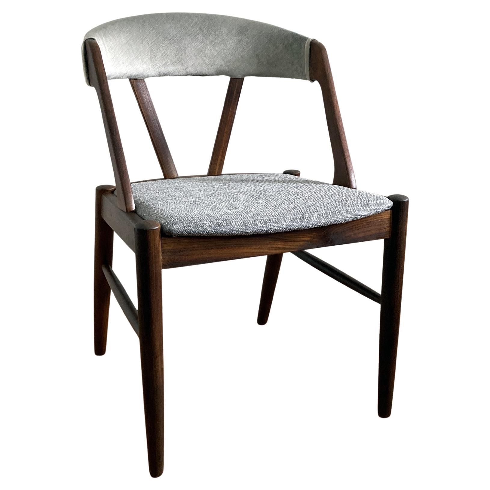 Kai Kristiansen Style Reupholstered Curved Back Gray Teak Chair, Danish, 1960s For Sale