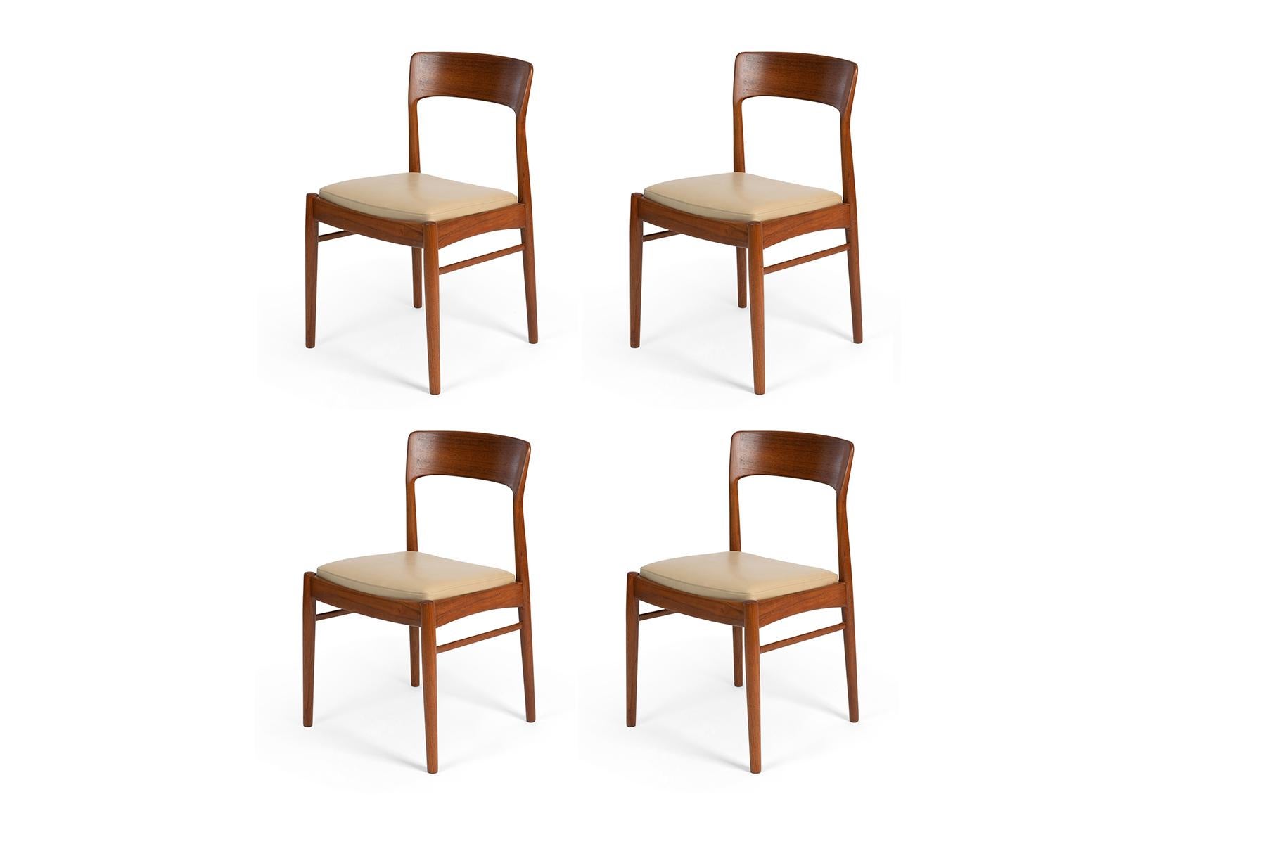 Set of 4 Kai Kristiansen mid-century teak dining chairs, expertly refinished and newly upholstered in cream Spinneybeck leather.
