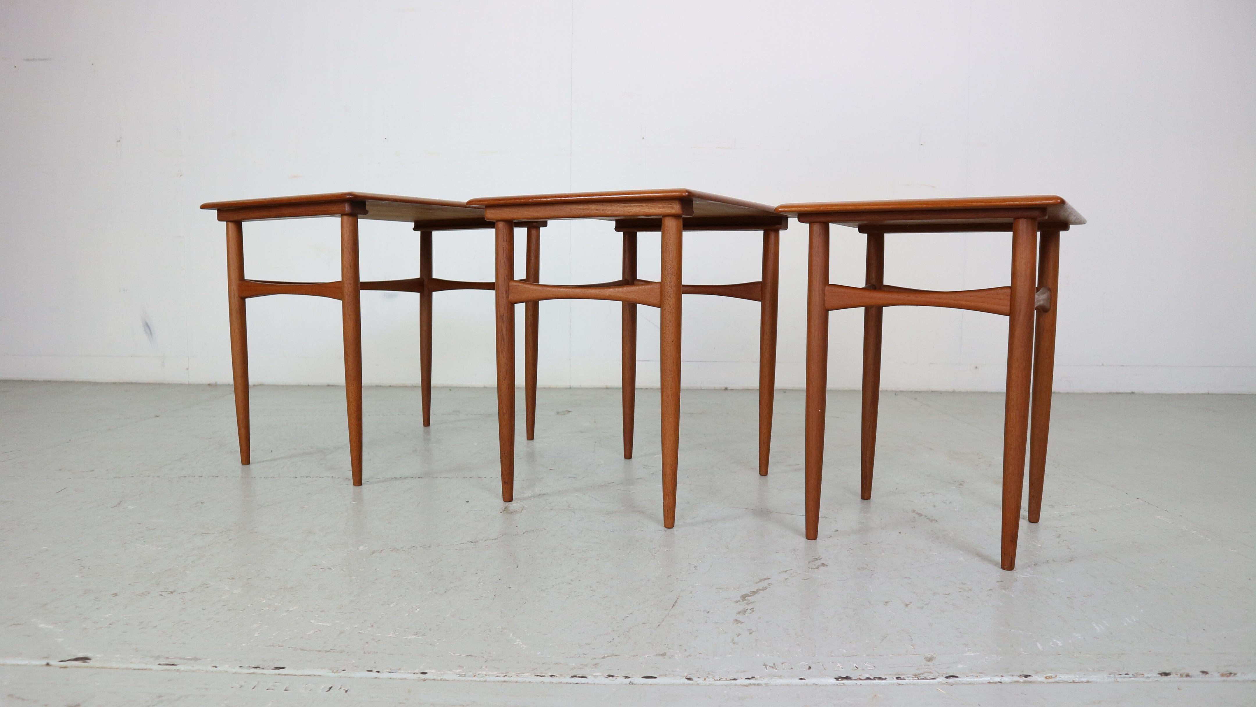 Mid-Century Modern Kai Kristiansen Teak Nesting Side Table Set Of 3 , 1960's Denmark  For Sale