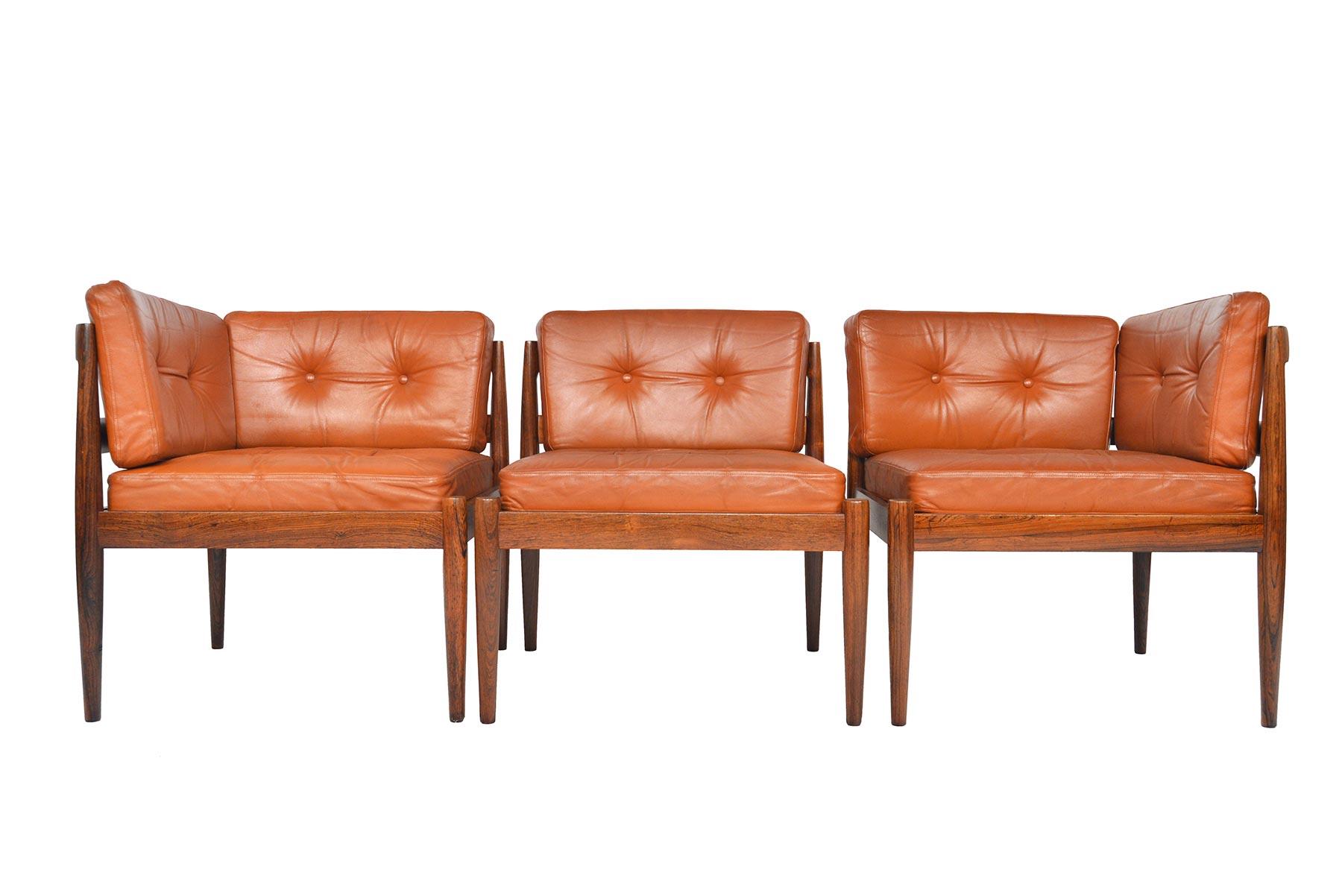 A stunning example of modular furniture, Kai Kristiansen designed the ‘Universe’ sofa for Magnus Olesen in 1966. These pieces can be used together to create a three seat sofa with armrests, or individually. Each chair in this set is crafted in