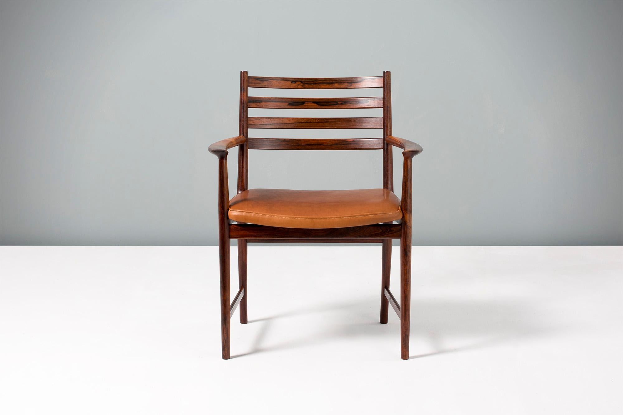 Classic ladder-back armchair from Kai Lyngfeldt-Larsen, circa 1960 constructed from Brazilian rosewood with new cognac brown aniline leather seat. Produced by master-cabinetmaker Soren Willadsen in Denmark.