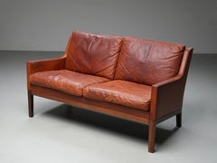 Kai Lyngfeldt Larsen Sofá de 2 plazas en cuero patinado coñac, Dinamarca, años 60