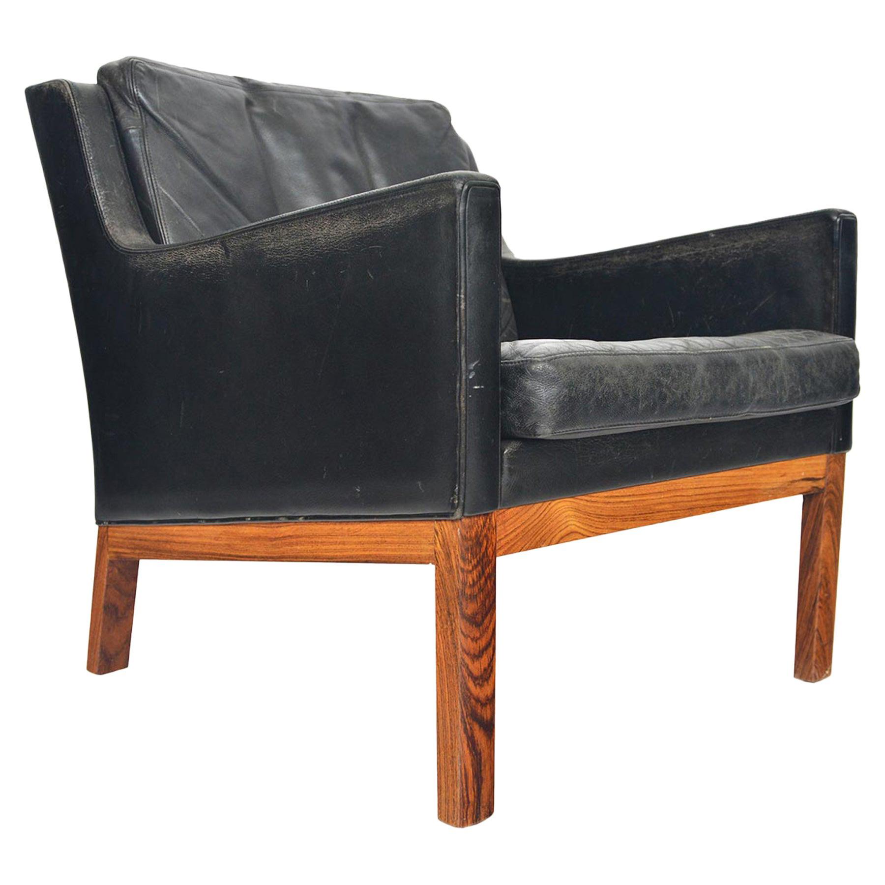 Kai Lyngfeldt Larsen Black Leather Low Back Danish Lounge Chair in Rosewood