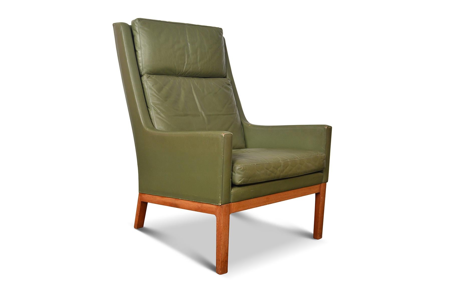 Mid-Century Modern Kai Lyngfeldt Larsen Highback Lounge Chair in Teak + Original Green Leather