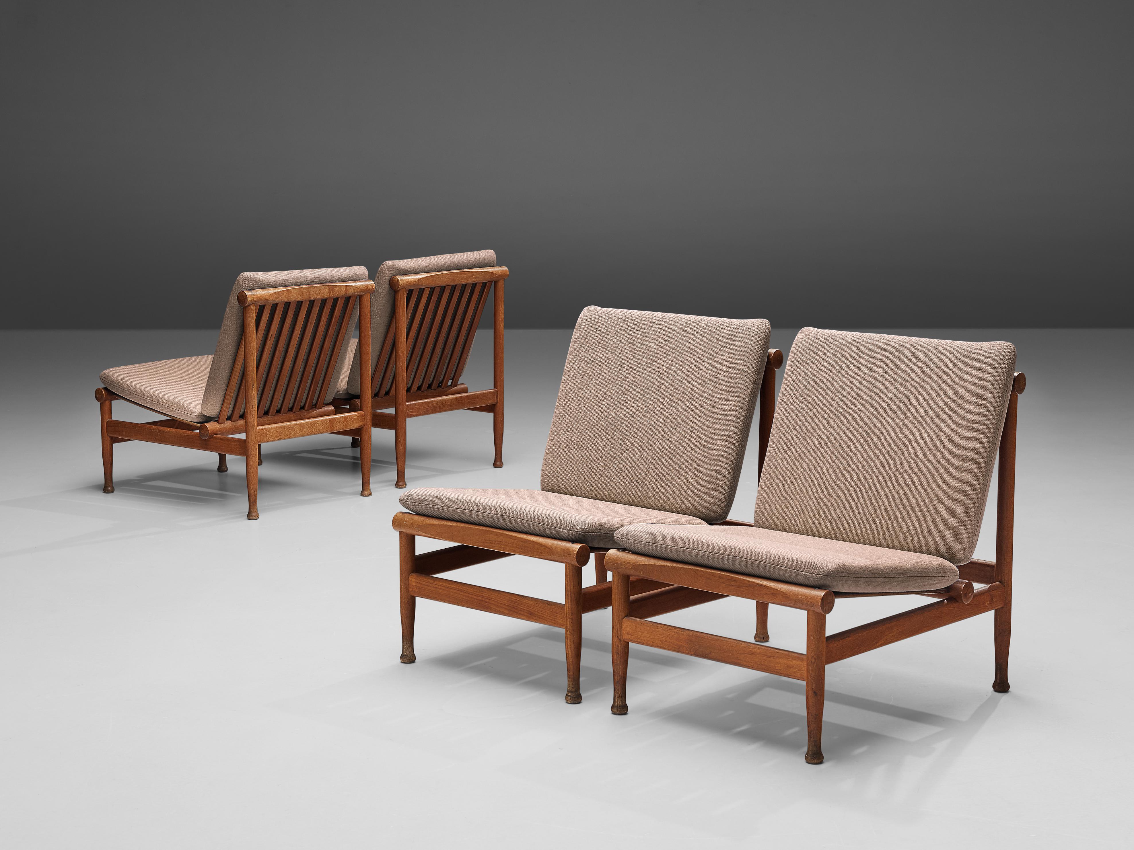 Kai Lyngfeldt-Larsen for Søborg Møbelfabrik, lounge chairs '501', teak, fabric, Denmark, 1960s

These sculptural '501' lounge chairs also nicknamed 'Japan Chair' is executed in teak by Kai Lyngfeldt-Larsen. This name refers to the aesthetics of