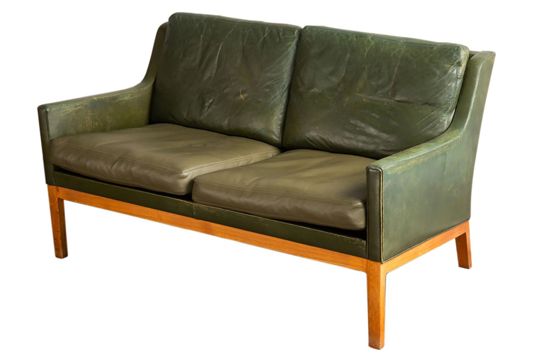 Danish Kai Lyngfeldt Larsen Loveseat in Teak + Original Green Leather