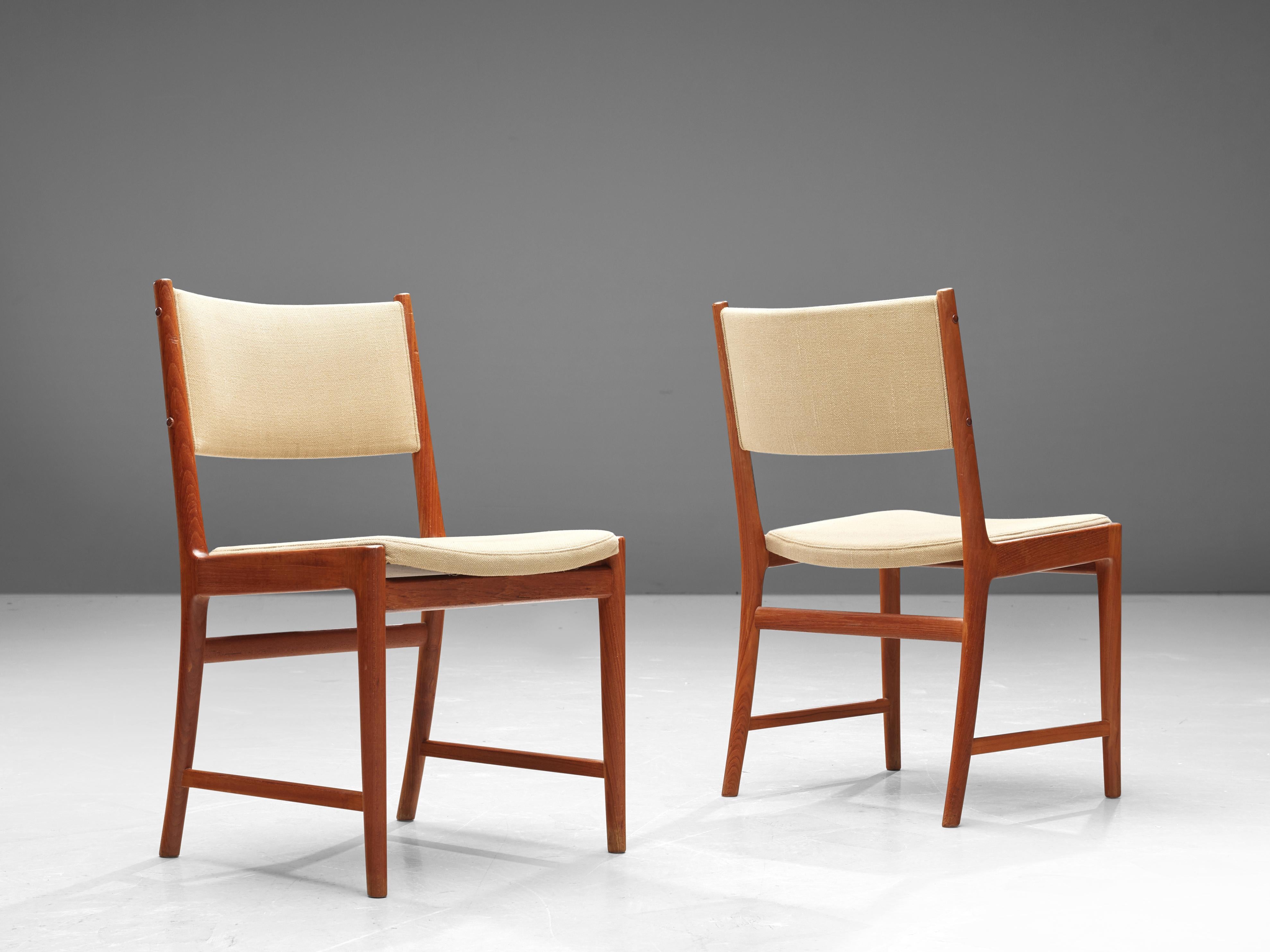 Kai Lyngfeldt Larsen, pair of dining chairs, teak, fabric, Denmark, 1950s

These elegant teak dining chairs are both stately and modest. The teak frame beautifully complements with the beige upholstery. The back of this piece is slightly bent