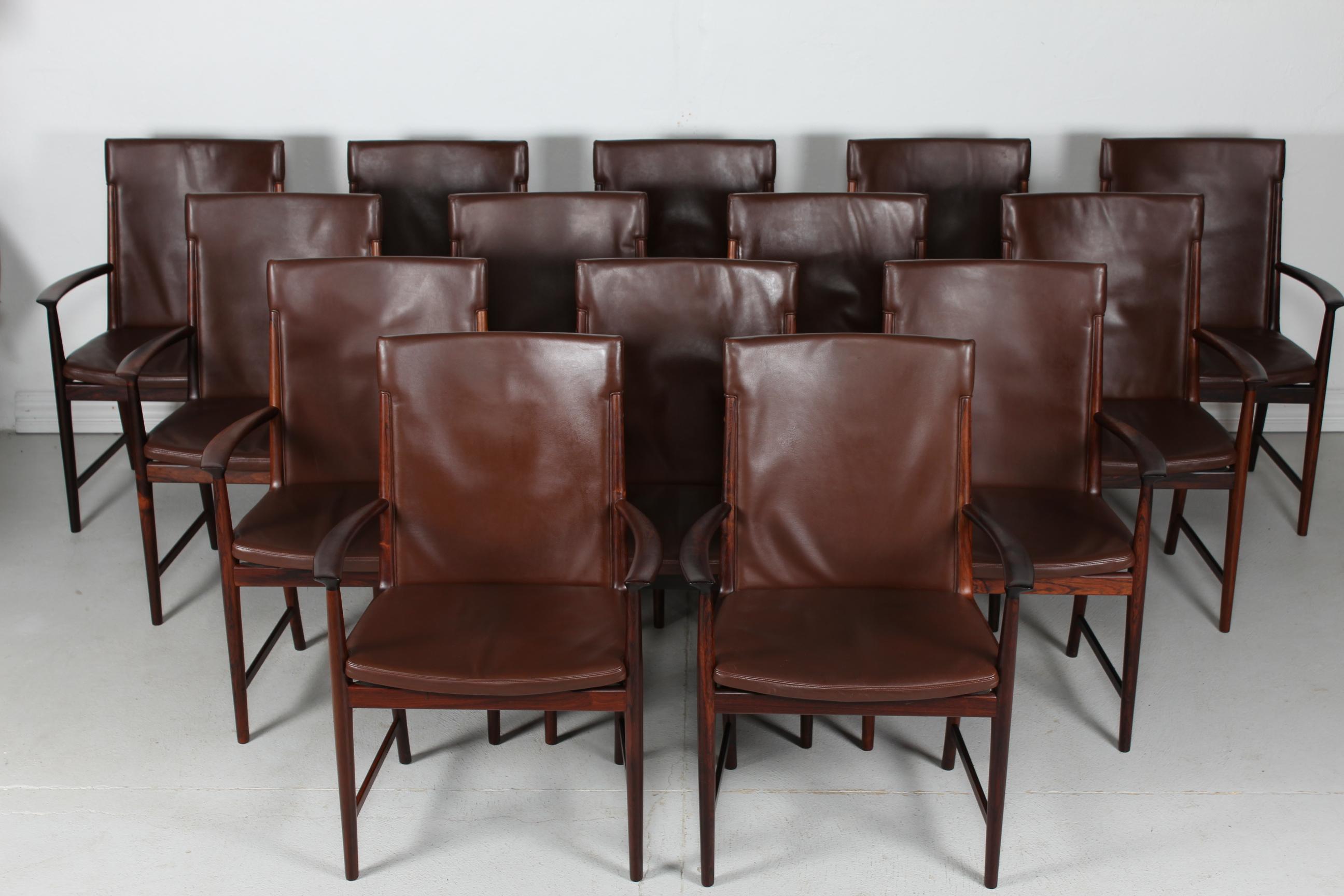 Mid-Century Modern Kai Lyngfeldt Larsen set 14 Conference Chairs of Rosewood + Leather Denmark 1960 For Sale