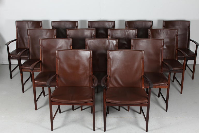 Danish Kai Lyngfeldt Larsen set 14 Conference Chairs of Rosewood + Leather Denmark 1960 For Sale