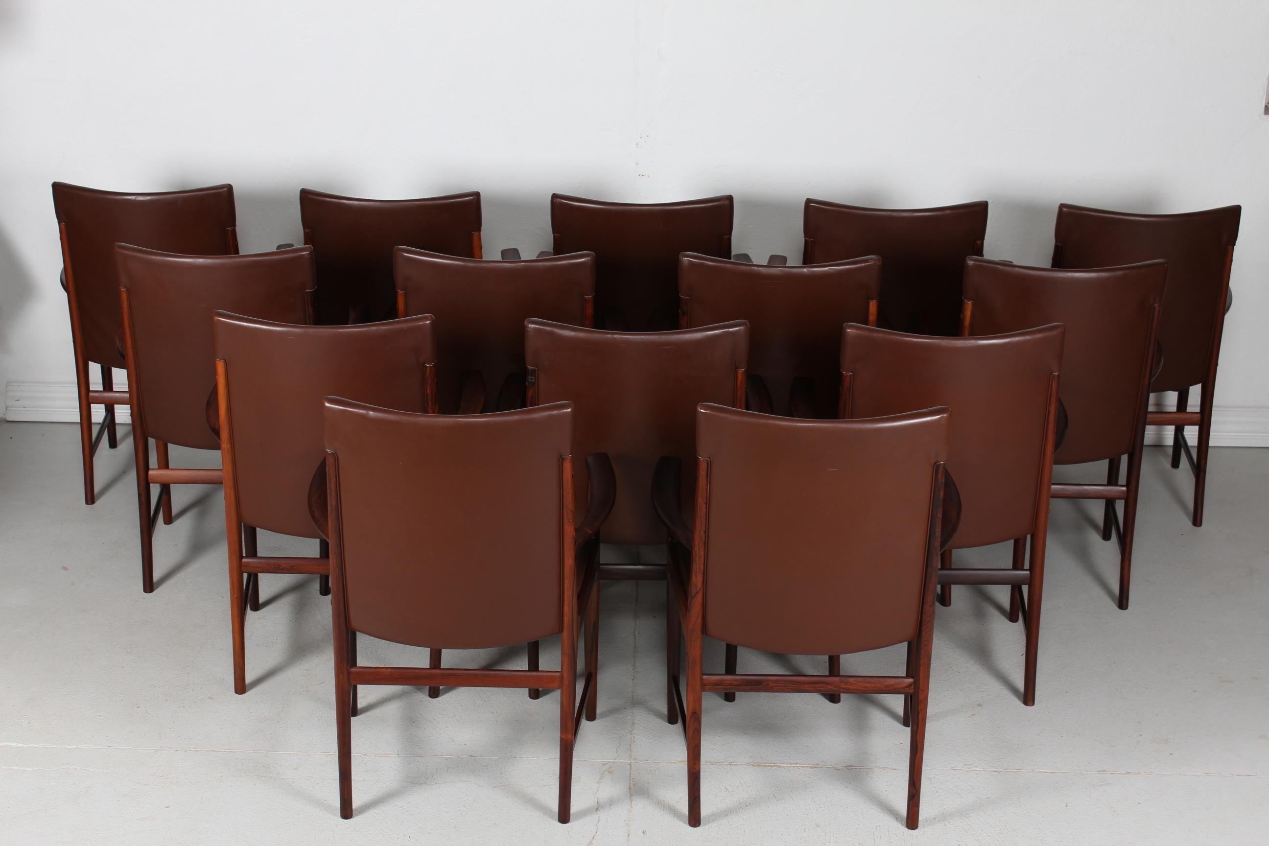 Danish Kai Lyngfeldt Larsen set 14 Conference Chairs of Rosewood + Leather Denmark 1960 For Sale