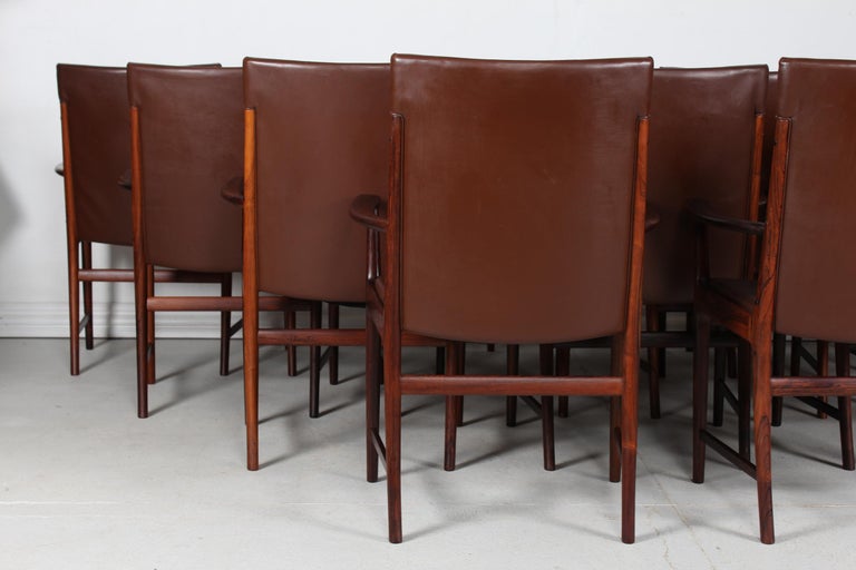 20th Century Kai Lyngfeldt Larsen set 14 Conference Chairs of Rosewood + Leather Denmark 1960 For Sale