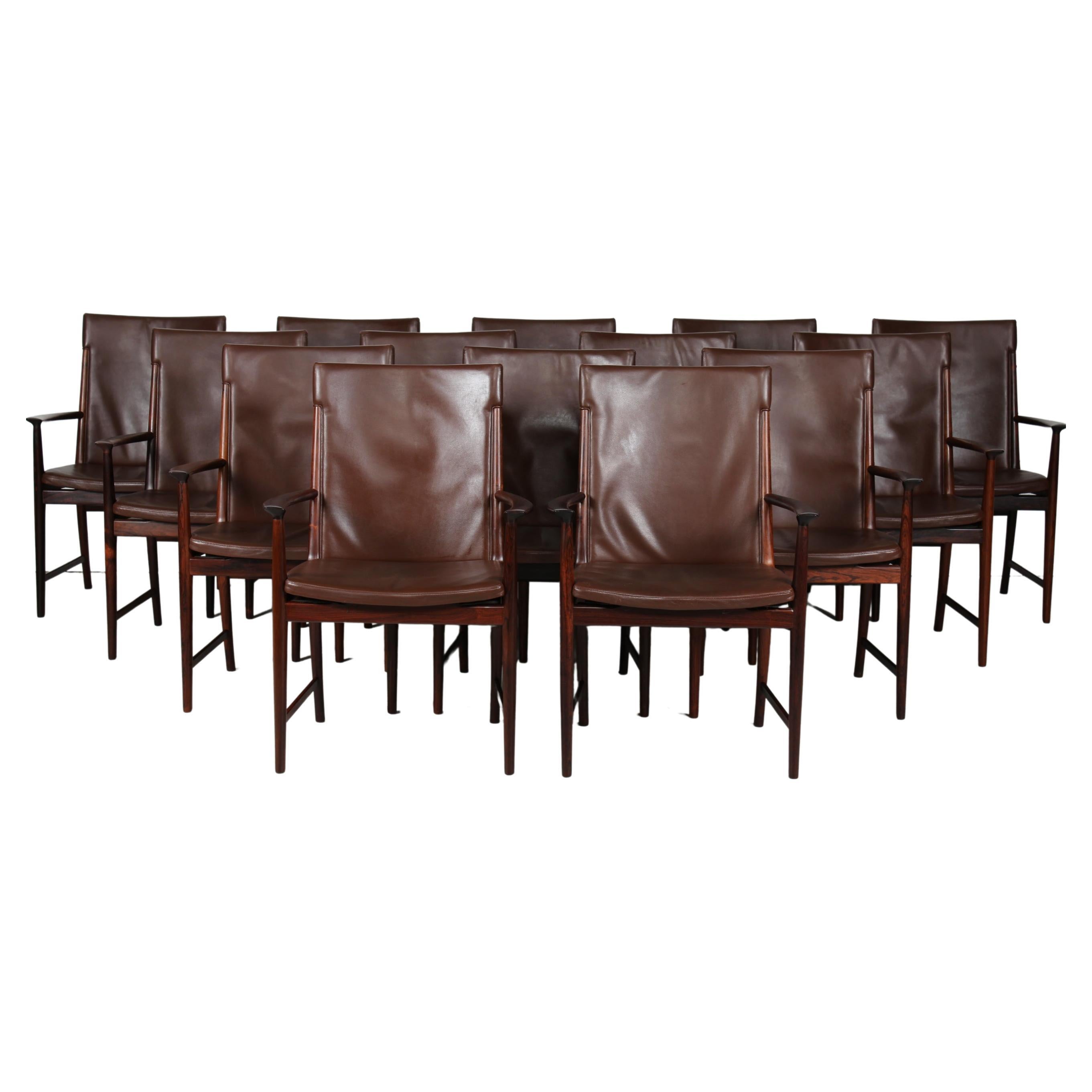 Kai Lyngfeldt Larsen set 14 Conference Chairs of Rosewood + Leather Denmark 1960 For Sale