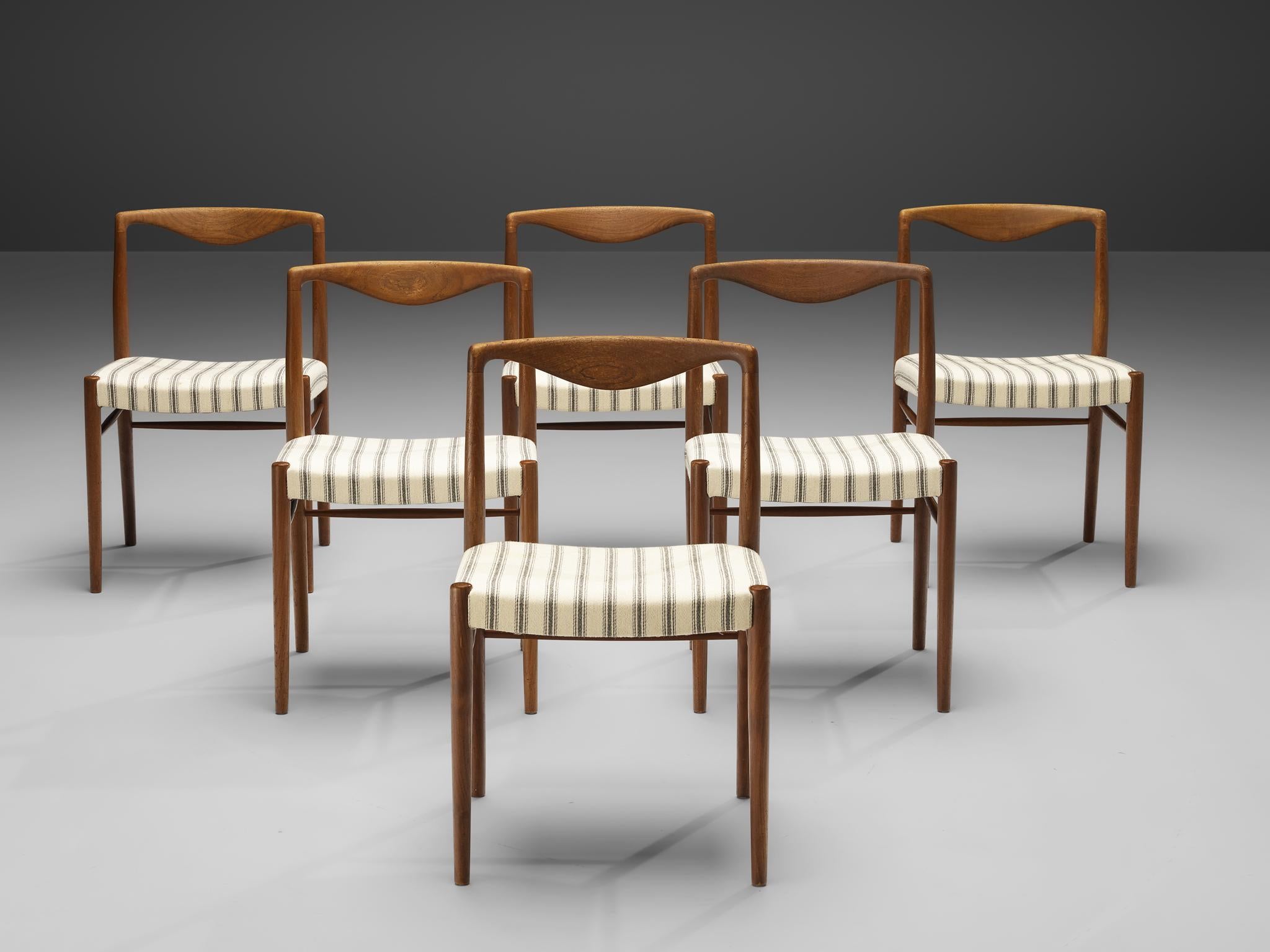 Kai Lyngfeldt Larsen for Soren Willadsen, set of six dining chairs, teak, fabric, Denmark, 1960s.

These elegant, curvy dining chairs show wonderful craftsmanship. The top rail is formed by a sculptural piece of soft teak with a beautiful curve. The