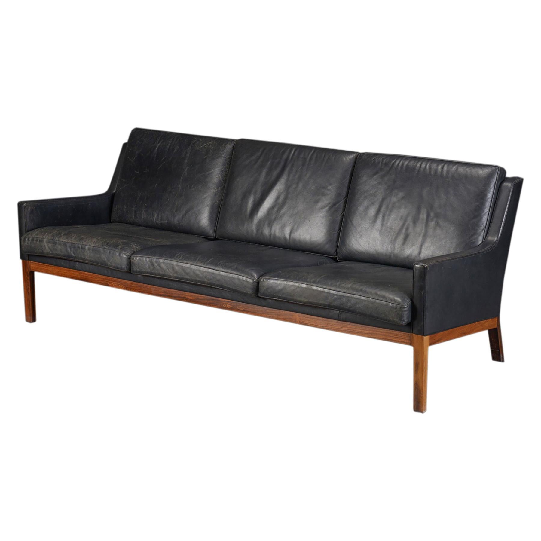 Kai Lyngfeldt Larsen Three Seat Sofa in Rosewood and Black Leather