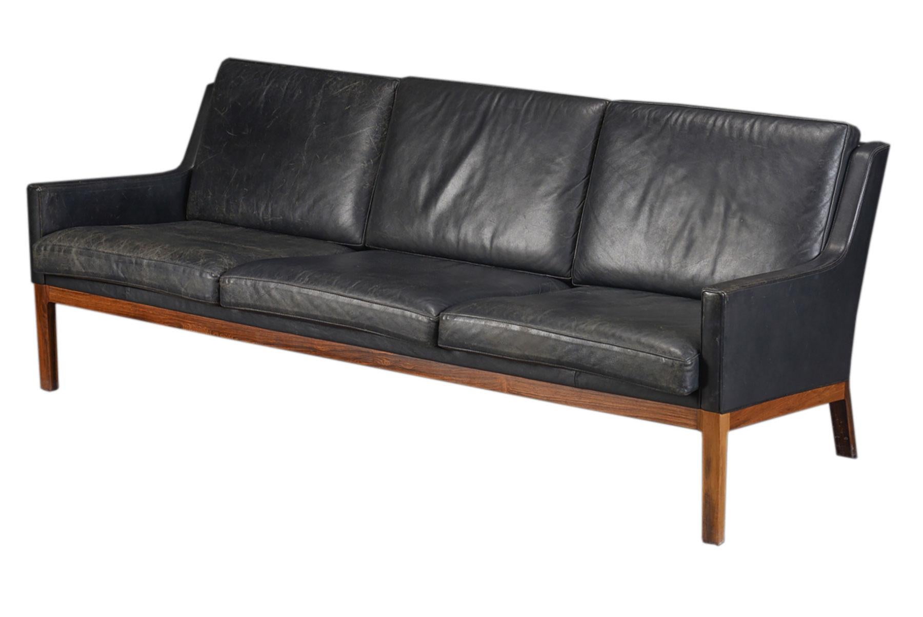 Scandinavian Modern Kai Lyngfeldt Larsen Three Seat Sofa in Rosewood and Black Leather