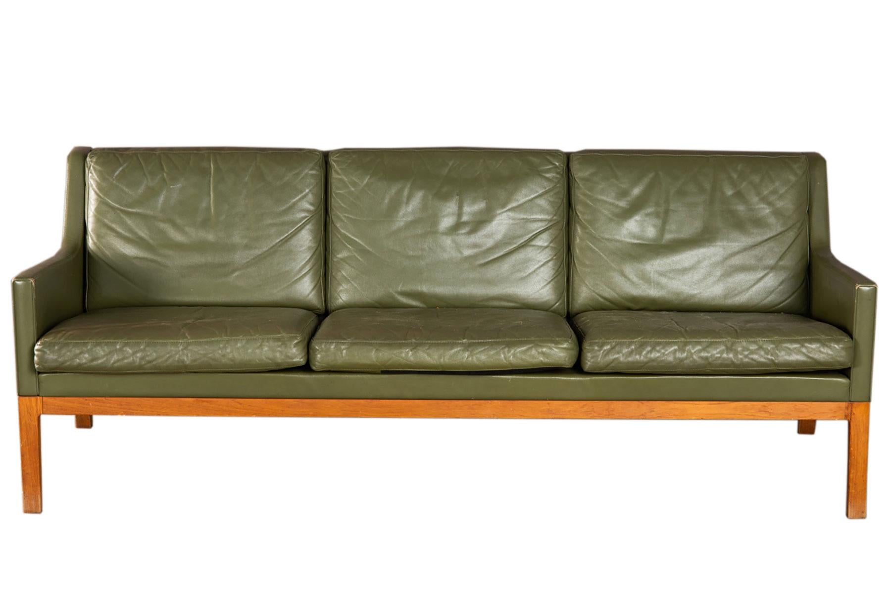 Scandinavian Modern Kai Lyngfeldt Larsen Three Seat Sofa in Teak and Original Green Leather