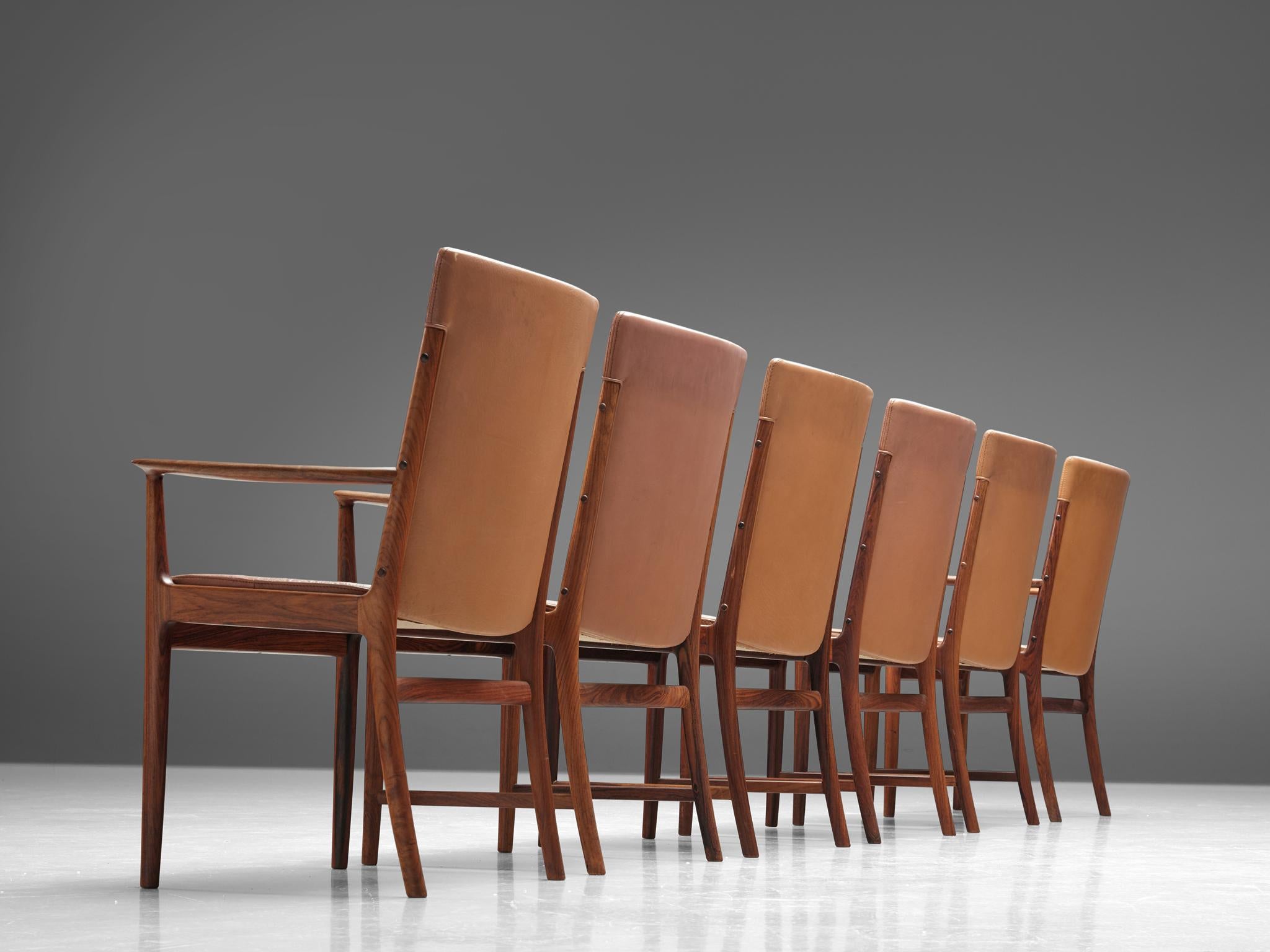 Danish Kai Lyngfelt-Larsen Set of Six Dining Chairs in Leather and Rosewood
