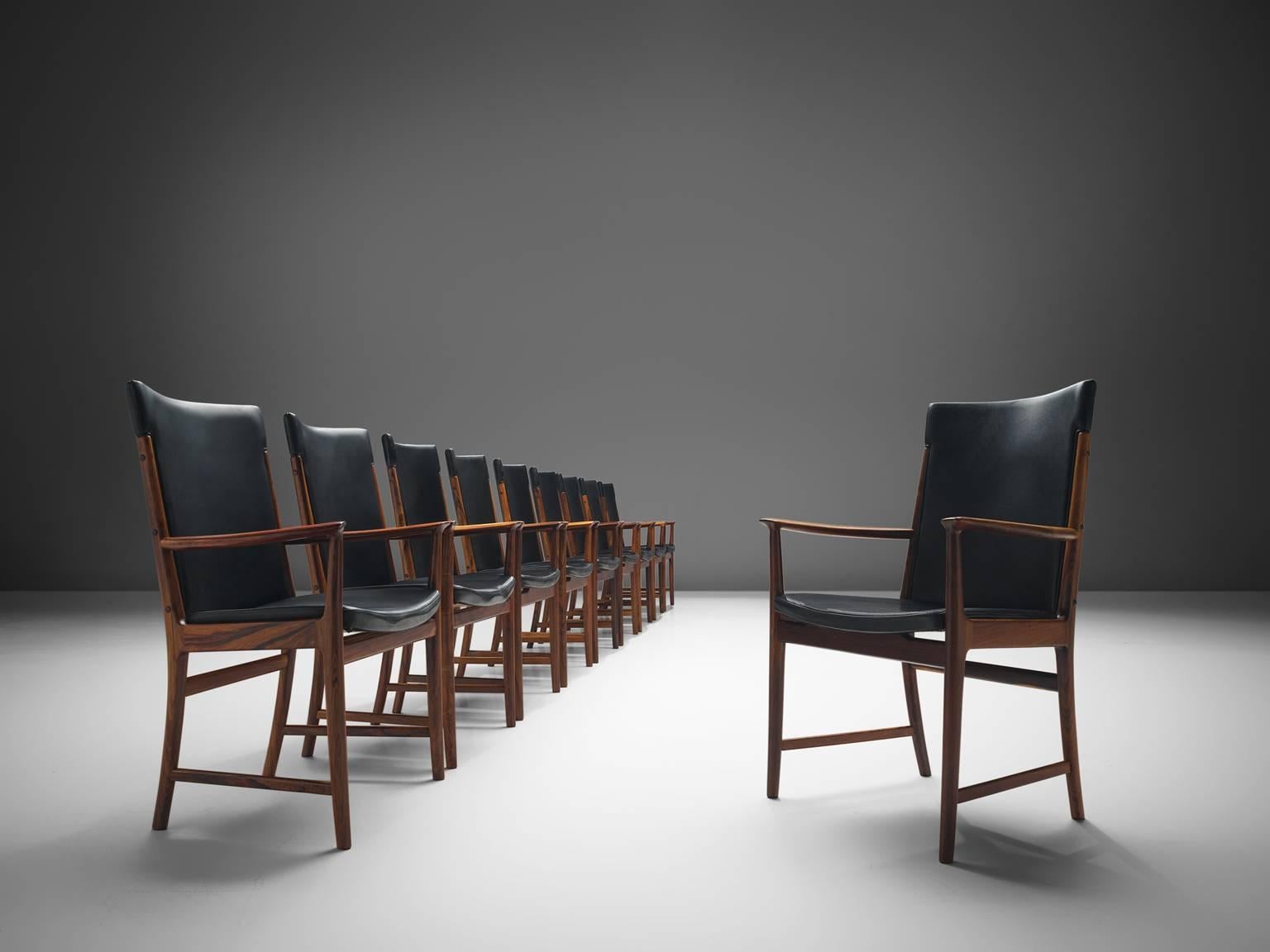 Scandinavian Modern Kai Lyngfelt-Larsen Set of Ten Dining Chairs in Leather and Rosewood