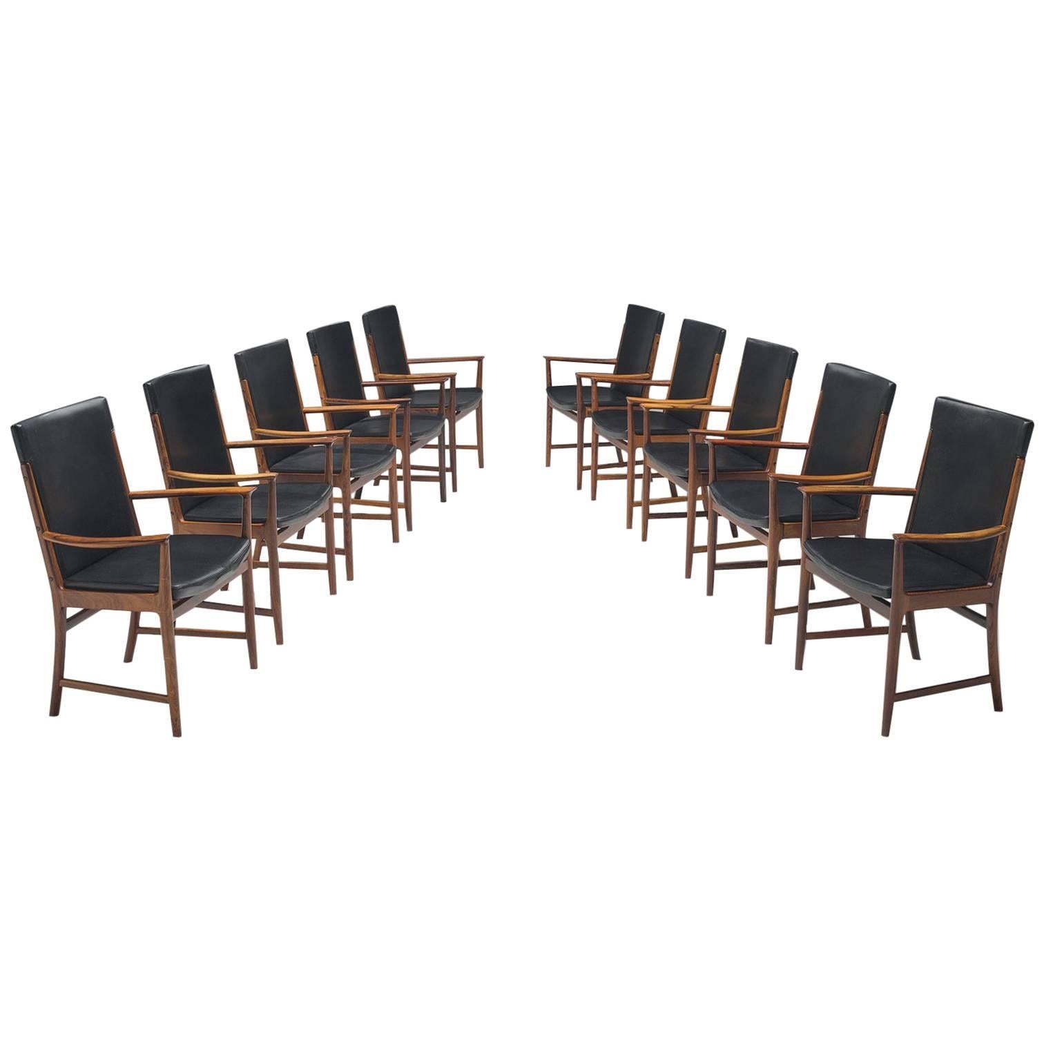 Kai Lyngfelt-Larsen Set of Ten Dining Chairs in Leather and Rosewood