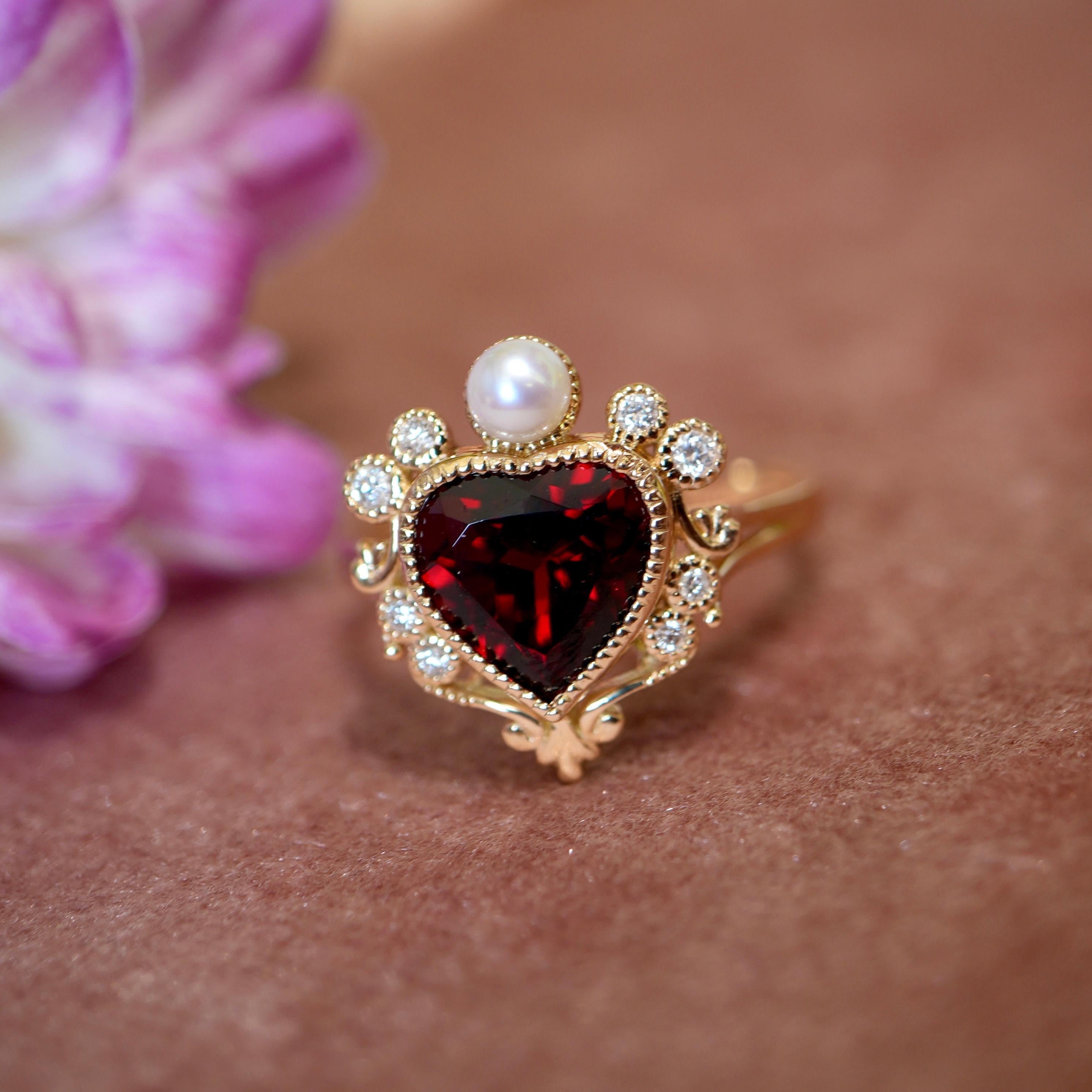 Kai „On My Heart“ Granat-Diamant  Perlen-Cocktailring (Herzschliff) im Angebot