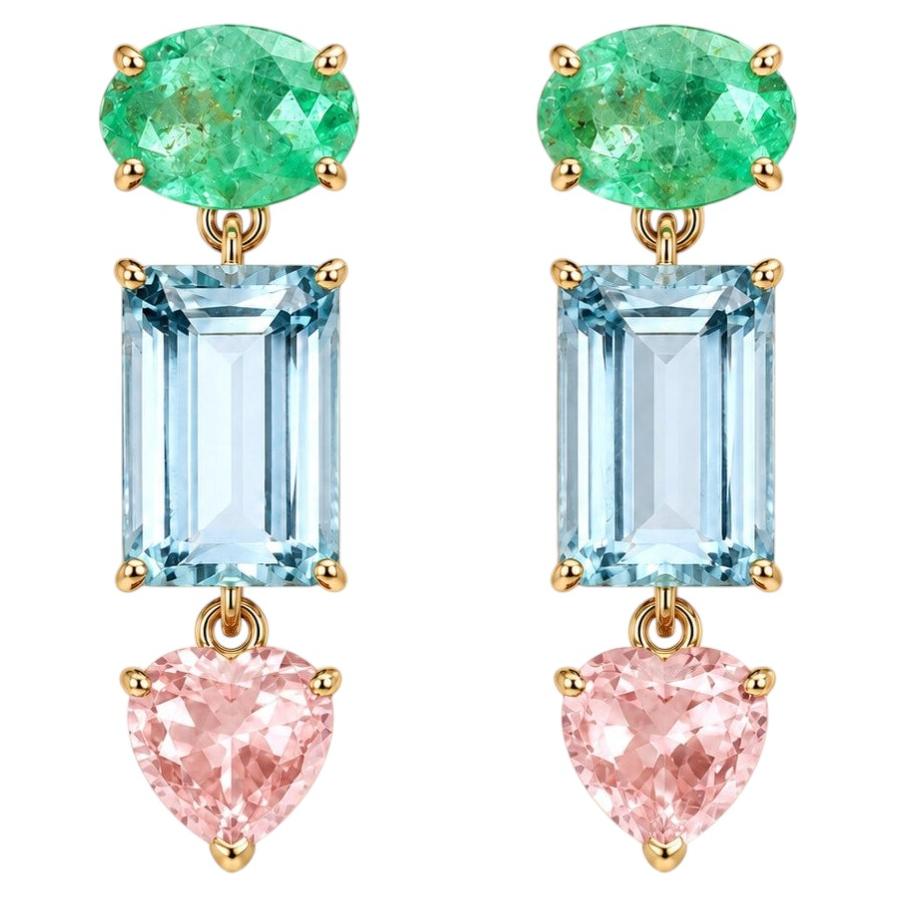 Kai One-of-a-Kind 3.61ctw Emerald, Aquamarine & Pink Sapphire Drop Earrings For Sale