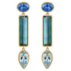 Kai One-of-a-Kind 5.34 ctw Sapphire, Tourmaline & Aquamarine Drop Earrings