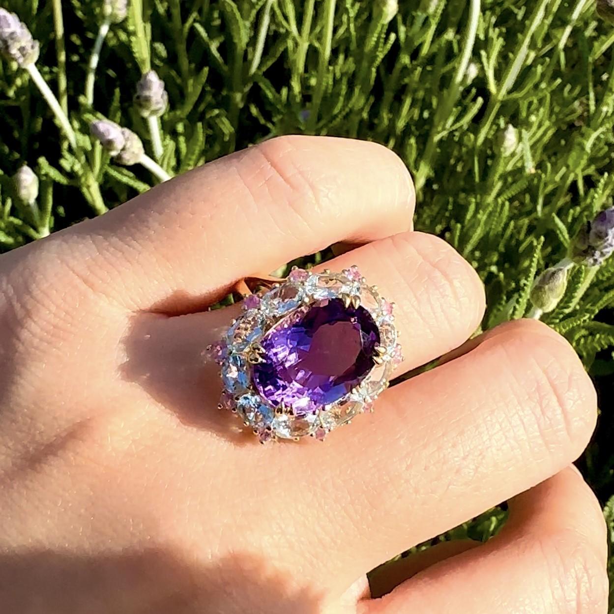 Modernist Kai Purple Amethyst Aquamarine Pink Sapphire Cluster Cocktail Ring
