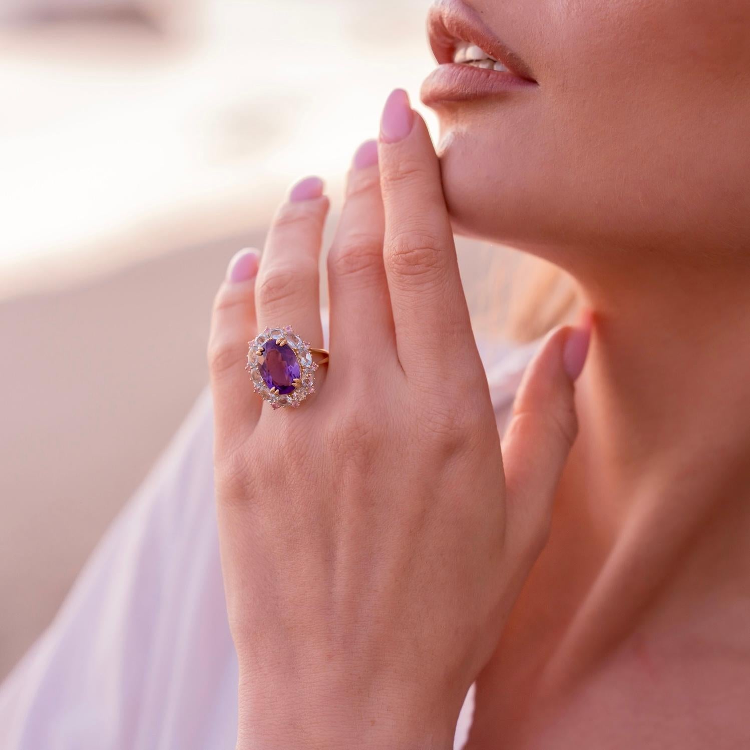 Kai Purple Amethyst Aquamarine Pink Sapphire Cluster Cocktail Ring In New Condition In Rowland Heights, CA