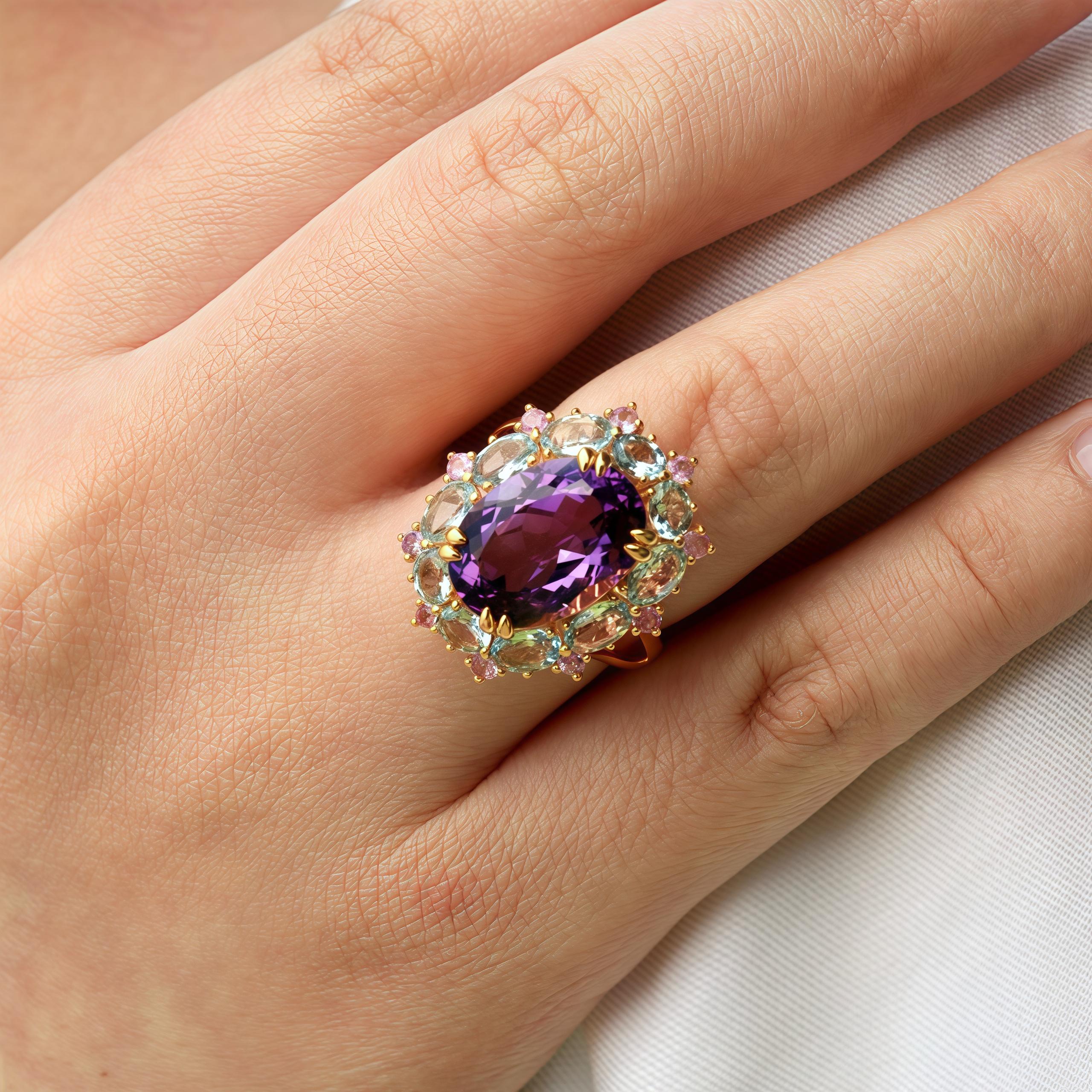 Discover Kai's Purple Amethyst Aquamarine Pink Sapphire Cluster Cocktail Ring in 14k yellow gold, a dazzling work of art that combines the elegance of amethyst, the serenity of aquamarine, and the allure of pink sapphires in one exquisite piece. The