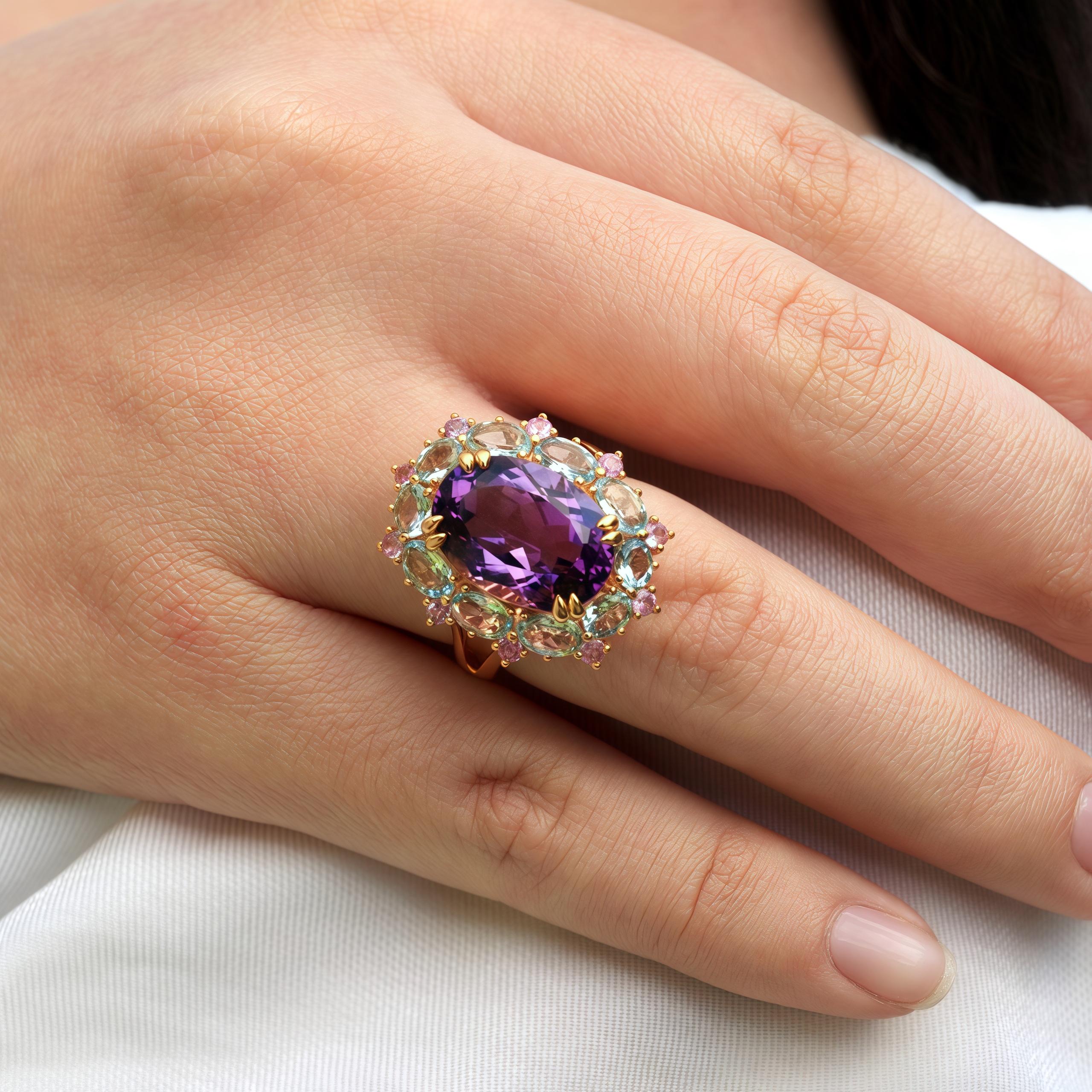 Oval Cut Kai Purple Amethyst Aquamarine Pink Sapphire Cluster Cocktail Ring