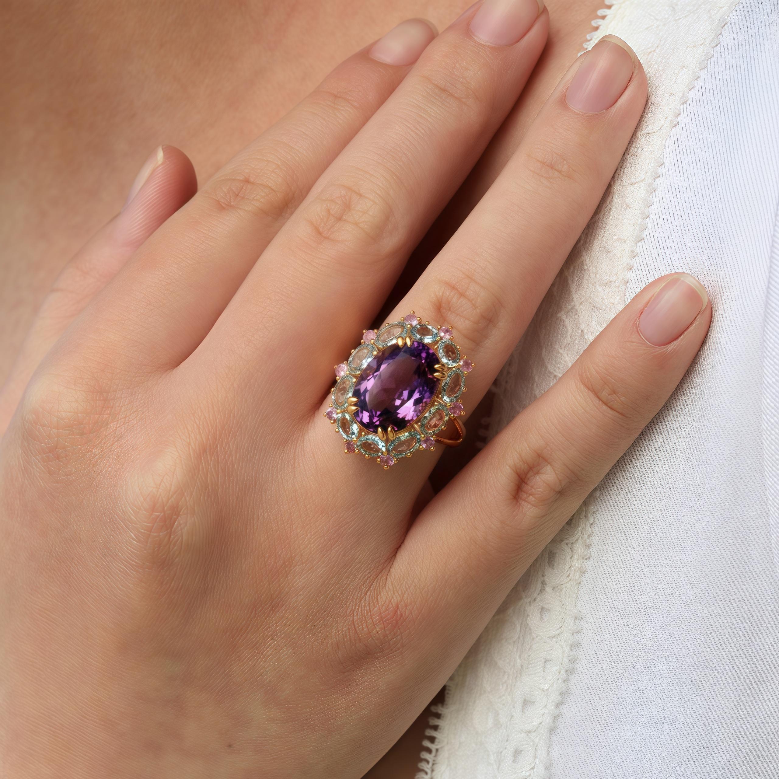 Kai Purple Amethyst Aquamarine Pink Sapphire Cluster Cocktail Ring 1