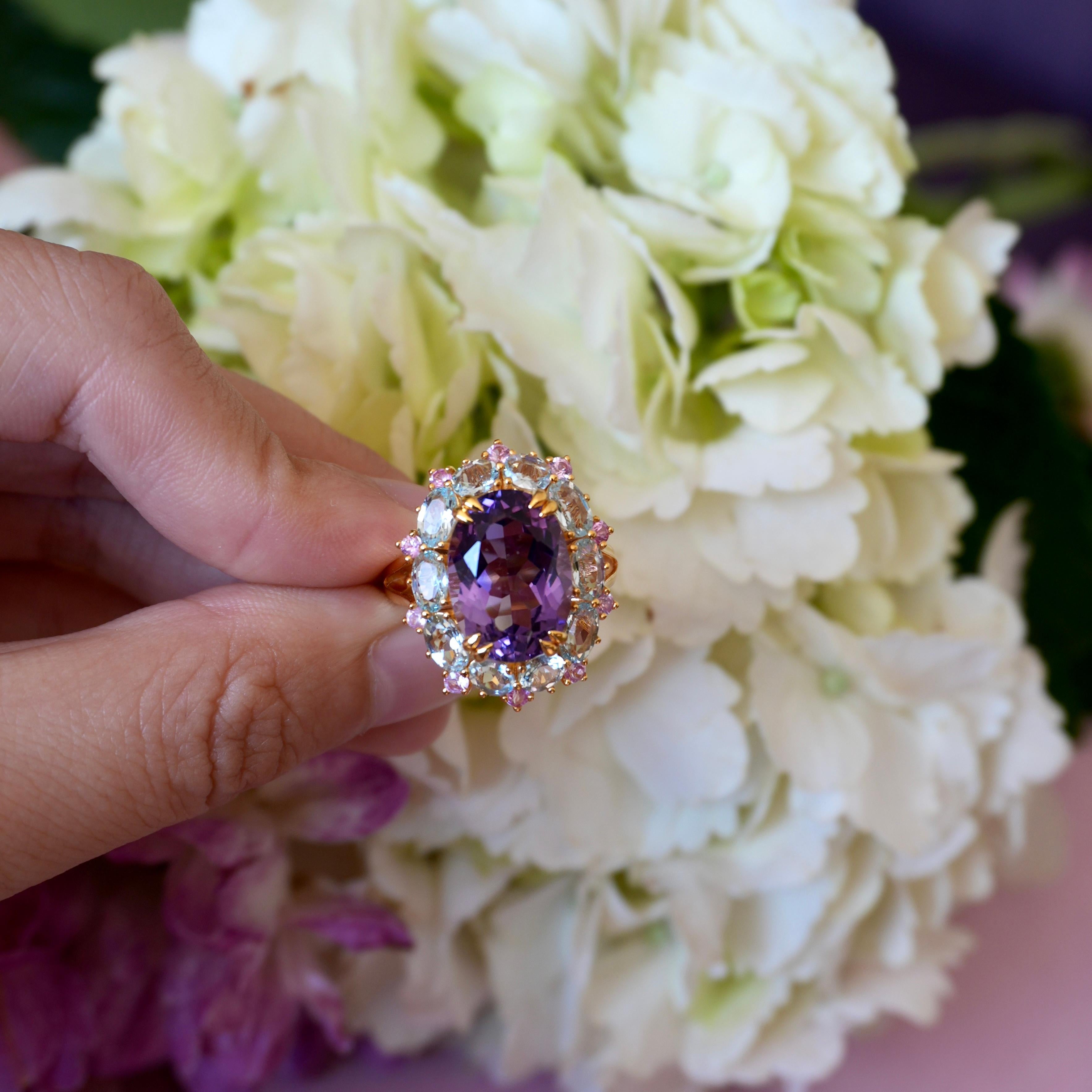 Kai Purple Amethyst Aquamarine Pink Sapphire Cocktail Ring For Sale 4