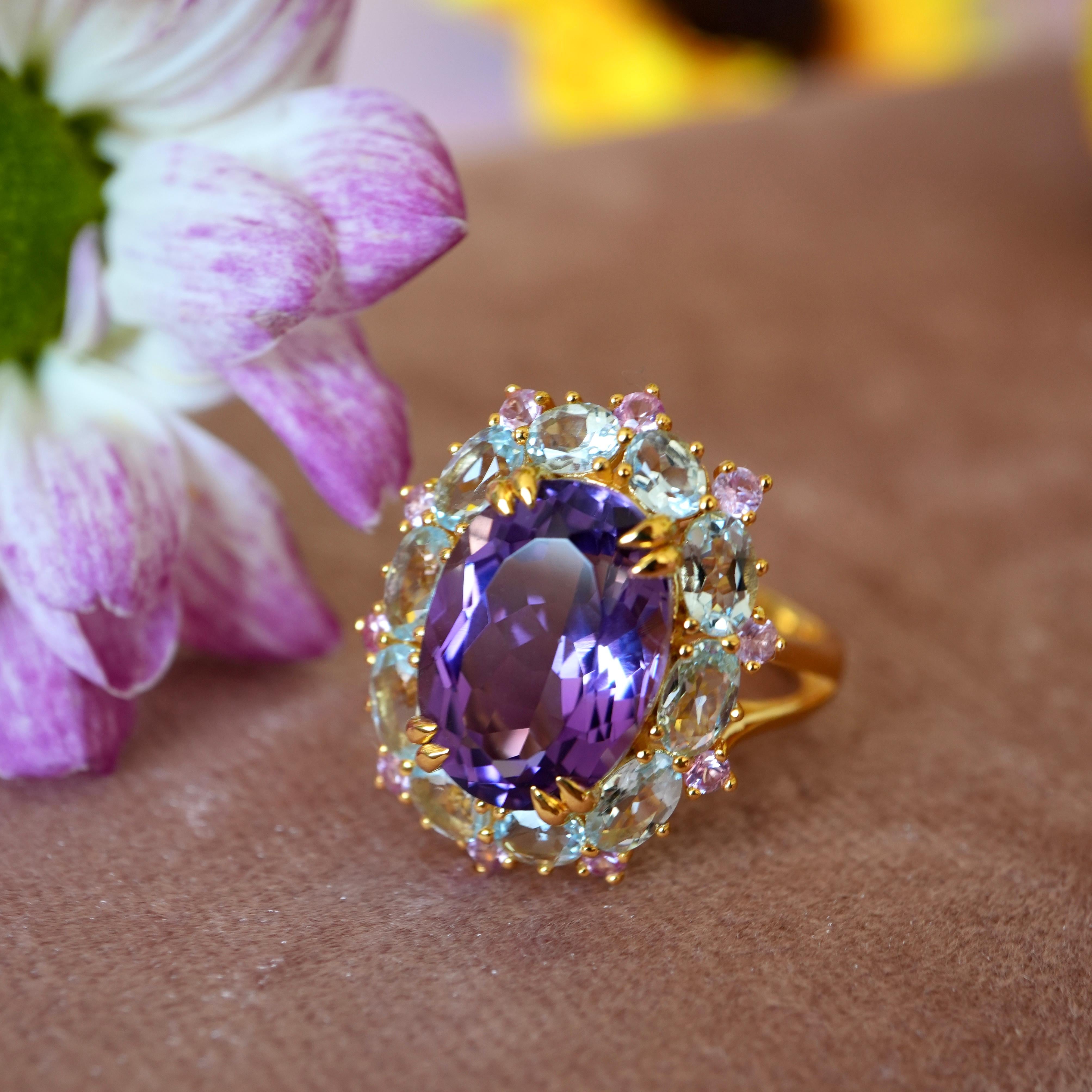 Kai Purple Amethyst Aquamarine Pink Sapphire Cocktail Ring For Sale 5