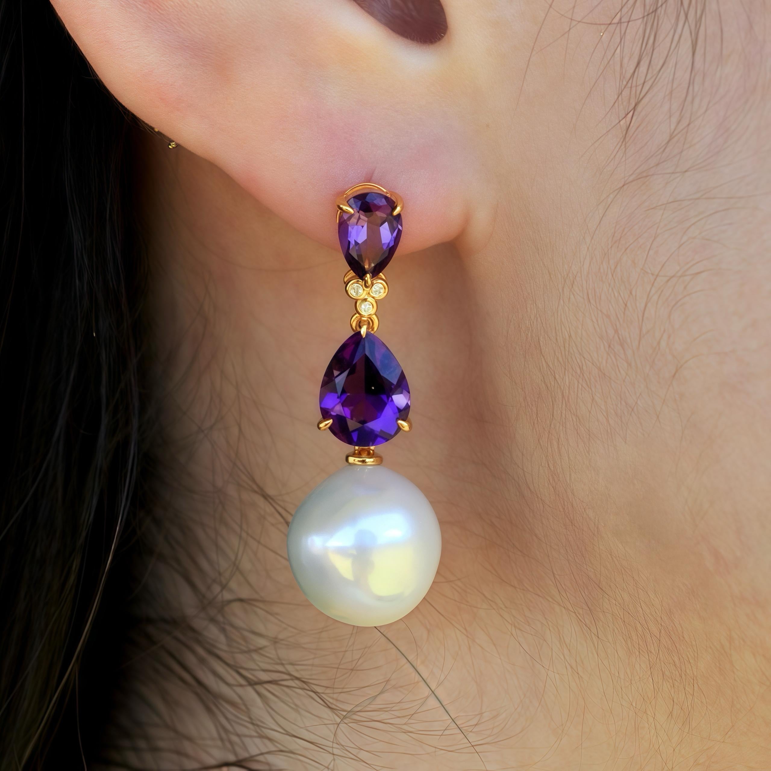 Discover Kai's Purple Amethyst Diamond Pearl Convertible Drop Earrings in 14k yellow gold. Featuring exquisite amethyst gemstones, radiant diamonds, and lustrous pearls, these earrings are a symbol of elegance and refinement. Whether worn for a
