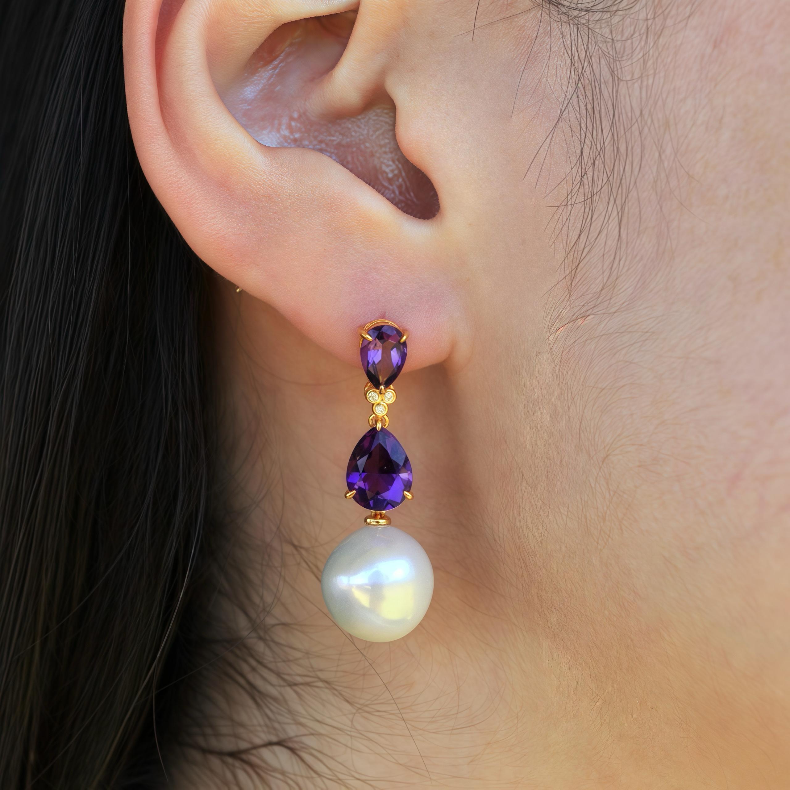 Modern Kai Purple Amethyst Diamond Cultured Pearl Convertible Drop Earrings For Sale