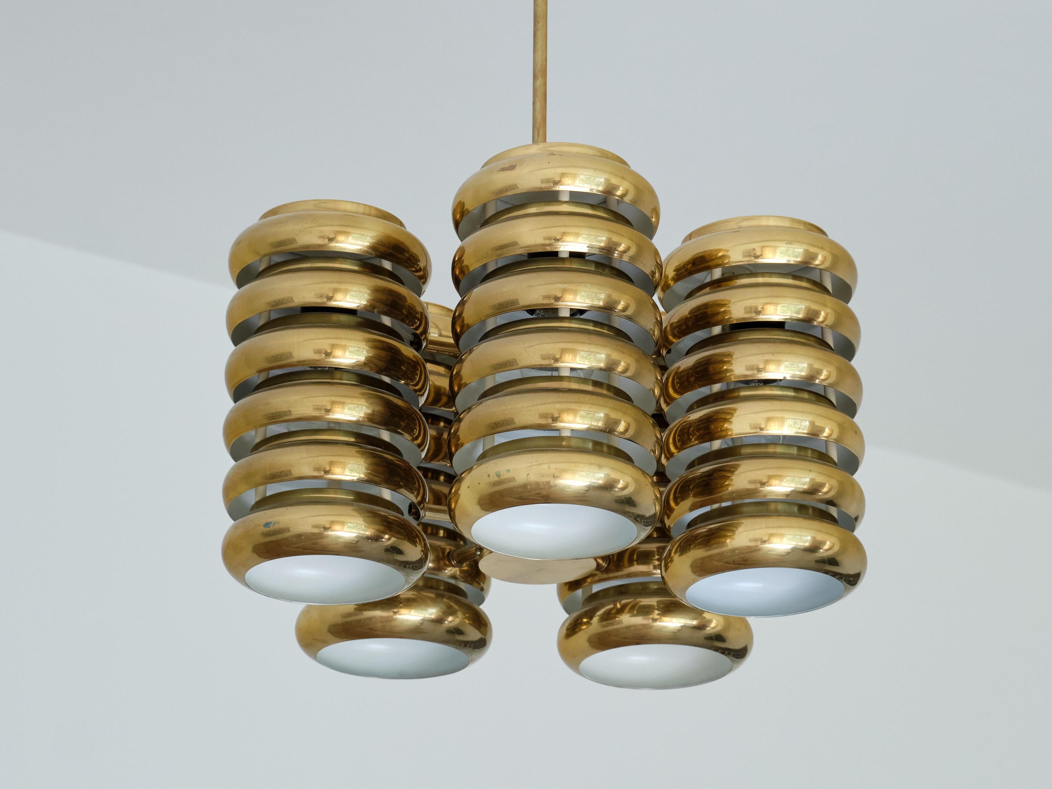 Kai Ruokonen Five Arm Pendant Light in Brass, Lynx, Finland, Early 1970s For Sale 5