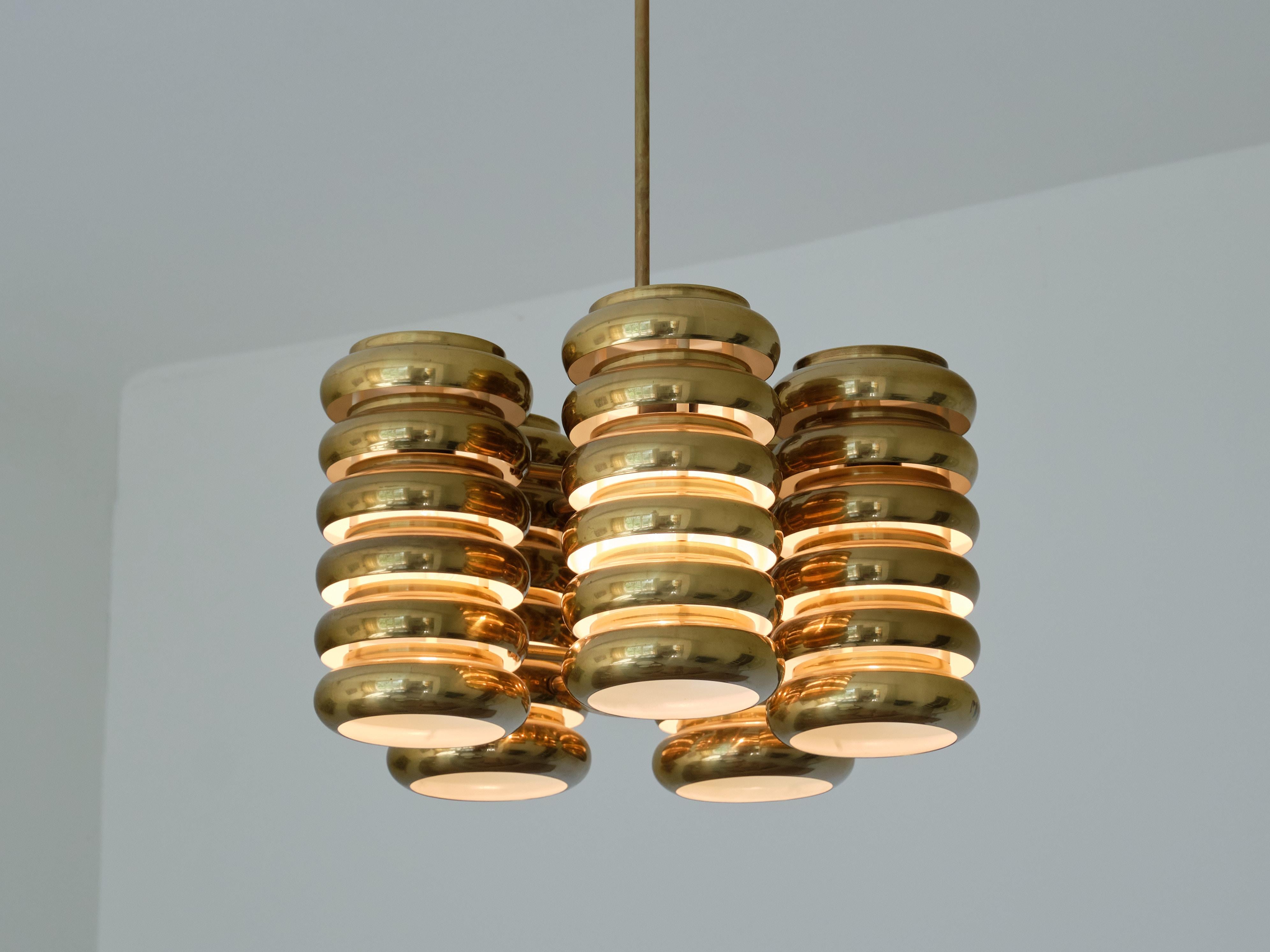 Scandinavian Modern Kai Ruokonen Five Arm Pendant Light in Brass, Lynx, Finland, Early 1970s For Sale